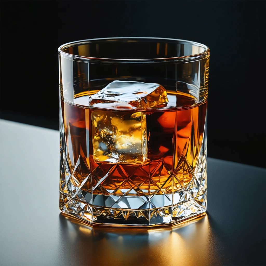 Revise this prompt to: "A spectacularly detailed 8K image that captures the depth and delight of an old-fashioned glass, filled with a mesmerizing deep amber-golden liquid, and housing a large, distinct ice cube at the heart of the drink. Compose the image so that this glass is resting off-center at the bottom third of the frame, basking in the seductive embrace of a low, warm, golden-hued light. Add an ethereal touch with subtle, mysterious reflections of faint purple neon lights. Amplify the details in the image with a side macro angle that accentuates the texture of the liquid, the sharp edges of the glass and the captivating reflections on the polished bar surface. To enhance the narrative depth of the image, include a blurred icon of an old-world bar tool or a rich-textured wooden coaster subtly placed in a corner."