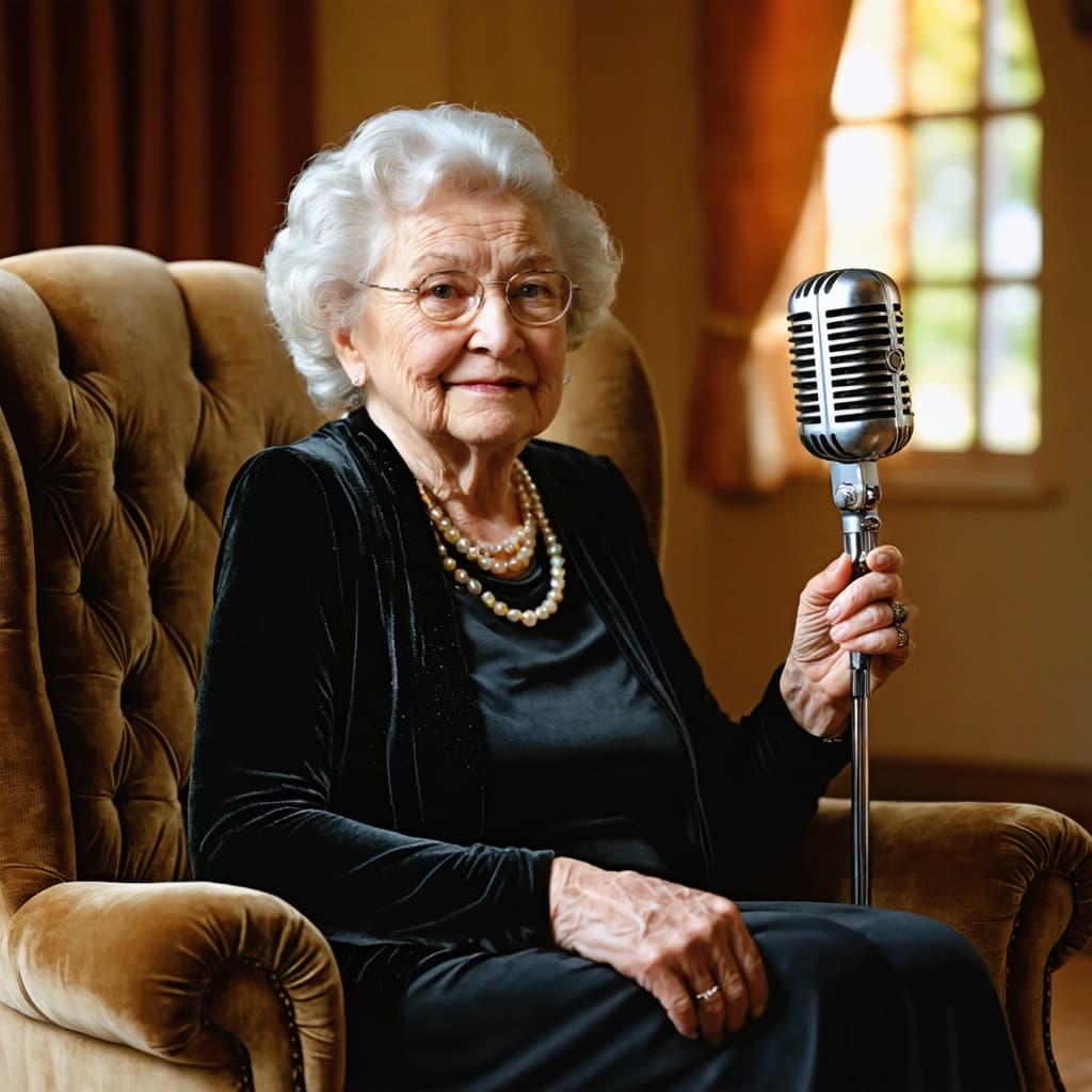 Create a photographic image capturing an elegant 70ish-year-old granny, dressed in sophisticated attire, seated comfortably on a plush velvet chair. The setting is a cozy room, warmly lit with soft, diffused natural light to enhance the warm earth tones of the scene. From an over-the-shoulder perspective, focus on the granny as she engages with her audience, a vintage microphone gracefully adjusted by her hand, hinting at a nuanced interaction. Her expression, a subtle smile with expressive eyes, reveals her passion and wisdom. The composition should have a shallow depth of field, bringing sharp focus to her and the microphone, while the background fades into a soft blur, featuring bookshelves filled with classic books. The mood is intimate, like a personal conversation in a serene setting, with a hint of soft background music. The image should be highly detailed, with a vintage film filter post-processing effect to evoke a timeless feel, underlining the podcast's elegance and the granny's refined presence.