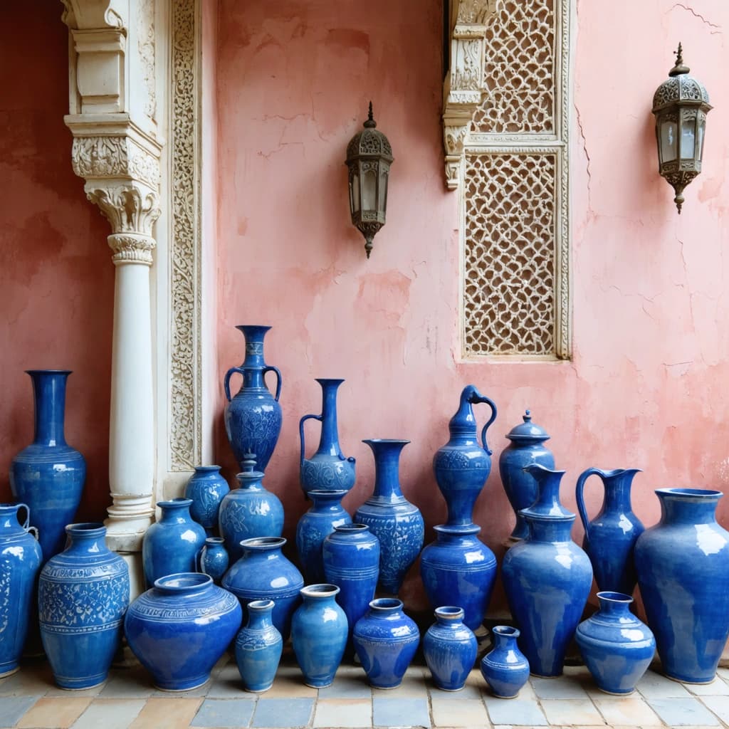 Craft a photographic image capturing a breathtaking scene of multiple indigo blue ceramic art vases of various sizes, arranged symmetrically near the grand, blush pink wall of an ancient Indian fort. The wall, rich in heritage, features detailed stone carvings, jaali patterns, and historic engravings, under the soft glow of massive antique chandeliers. Incorporate a bird's eye view to emphasize architectural symmetry, with a focus on the vibrant handcrafted pottery against the blush pink backdrop. The scene is illuminated by golden hour lighting, enhancing the warm tones and detailed textures of both the pottery and the luxurious fort architecture. Surround the vases with subtle floral arrangements and traditional Indian wall art, adding layers of cultural elegance. High-definition textures should bring out the luxurious details in the stone and pottery patterns, with soft shadows and a soft focus on background elements to highlight the indigo vases' vibrance. Integrate subtle cultural artifacts, like aged scrolls or maps, to enrich the storytelling. The composition should breathe life into this scene, making it a testament to timeless Indian heritage and craftsmanship.