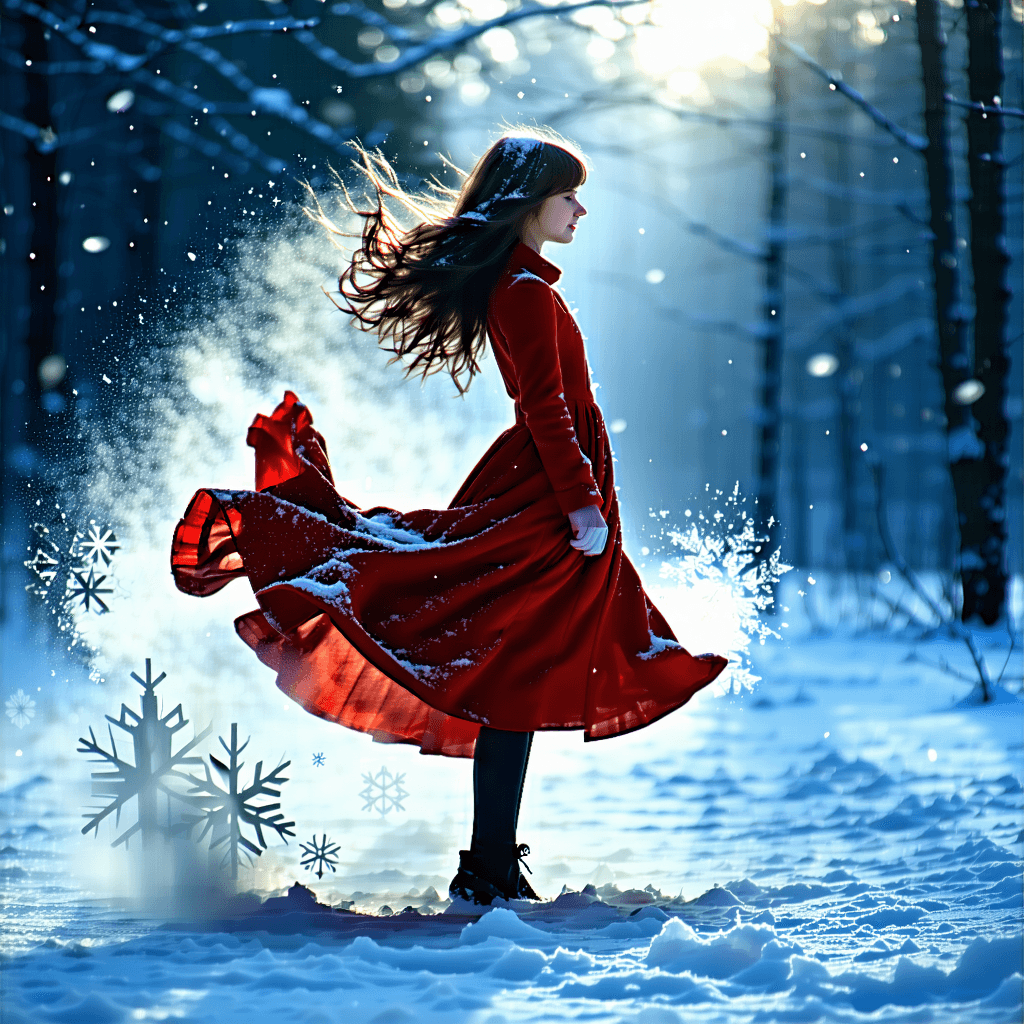 Create a scientific illustration capturing a girl standing in a vibrant red dress amidst a serene snowscape. Her hair is animated, strands flying around her in a dance with the wind, embodying motion blur to highlight the dynamic atmosphere. The scene's color palette should contrast the warm red of her dress with the cool blue tones of the surrounding snow, emphasizing the sharp silhouette of the girl against the meticulously detailed snowflakes and icy textures underfoot. Introduce subtle atmospheric elements like a mist or frost lingering in the background, enhancing the magical winter setting. The snowflakes gradually morph into molecular structures, symbolizing a bridge between the natural world and scientific discovery. This fusion should maintain realism with an artistic flair, showcasing hyper-realistic details alongside whimsical elements. Experiment with the composition from a bird's eye view, employing dynamic angles to bring a unique perspective. Utilize negative space to focus on the girl, with a sparse background that accentuates her figure. The texture of her dress should resemble velvet, rich and tangible, while the overall design incorporates scientific symbols and the passionate symbolism of the red dress amidst nature's chill.