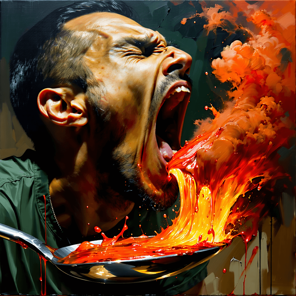 Create a concept art piece that feels like an oil painting capturing a moment of surreal drama. The main subject is a man, his mouth agape, about to consume lava from a large spoon, his face a canvas of exaggerated, expressive gestures. The scene is rich with earthy tones—warm browns, deep greens—yet contrasted sharply by the intense, glowing red and orange of the lava. Visible brush strokes add texture and movement, enhancing the digital effects to create a tactile sense of realism. Light plays a critical role, casting dramatic shadows and highlighting the man’s features and the spoon’s metallic sheen, making the lava’s glow even more pronounced. Around him, elements of surrealism float, adding a dream-like quality, with subtle references to mythology woven into the scene. The composition is intentionally off-balance, tilted to heighten the sense of unease, while cracked texture overlays give everything a weathered look. Special attention is given to the man’s hands, their tension evident as they grip the spoon, and to the swirling brush strokes that add dynamism around him, suggesting the lava’s heat is stirring the air itself.