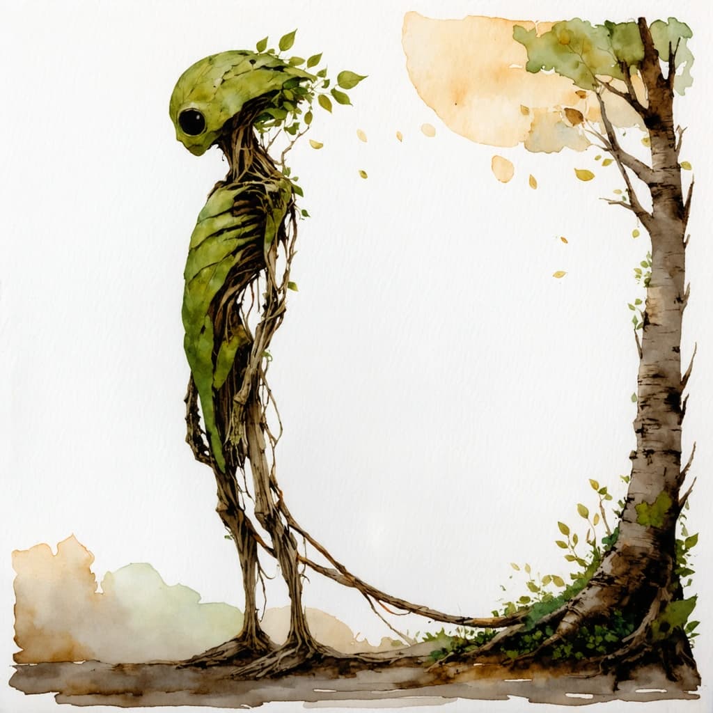 A creature with its face on the back of its head, always staring behind. Its limbs bend unnaturally in reverse, and it has leaf-like skin made of dry bark and dead foliage. One oversized hand trails behind like a tail. Its body appears to be stitched from forest debris. Rendered in dry browns, fading greens, and soft golds. Illustrated in moody watercolor fantasy style, high detail, strange anatomy, dreamlike forest setting.