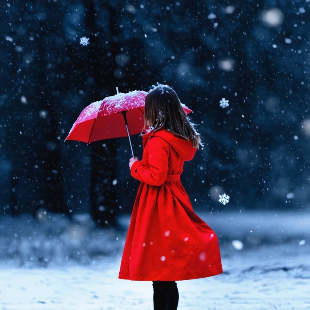 Envision a portrait that captures a girl in a vivid red dress, her hair gracefully caught in the wind, amidst a softly falling snow. She stands with a red umbrella, the only spot of color against a high-contrast black and white world. The scene is lit by a gentle backlight, creating a halo of light that outlines her figure. Snowflakes, glowing with a magical light, add a touch of enchantment, contrasting with her contemplative gaze. The background blurs into a cool blue, emphasizing her in the foreground and highlighting the textures of her dress and the snowflakes. From a bird's eye view, she is positioned according to the rule of thirds, giving the composition a balanced yet dynamic feel. The movement of her hair and the snow adds a subtle motion blur effect, contributing to the overall sense of a fleeting, ethereal moment captured in time.