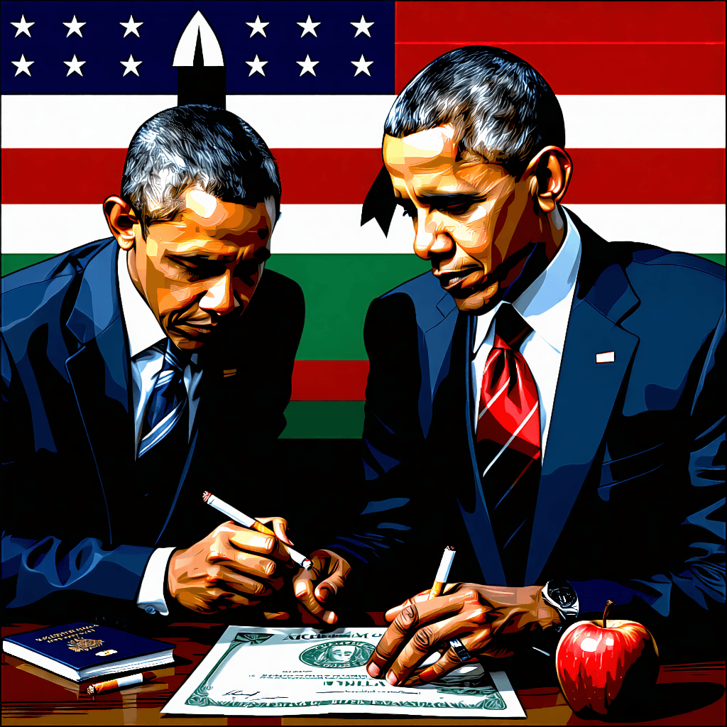 Craft a story-illustration that captures a hidden object game, with the main photo featuring the Obamas. Within this scene, subtly integrate the following objects: a passport, cigarettes, an apple, a birth certificate, and a Kenyan flag. The composition should employ muted tones to enhance realism, particularly in the detailed facial expressions of the subjects. Symbolism is key, with the Kenyan flag woven into the scene not just as an object but as a narrative element. Utilize lighting contrasts, spotlight effects to guide the viewer's eye, creating a dynamic yet open-ended composition that encourages exploration. Objects should vary in size, with some hidden more cleverly than others, and textures should range from glossy finishes on certain items to matte on others, adding depth. The emotional impact should be subtle, conveyed through gestures and expressions, inviting viewers to piece together the story. This illustration should not only engage visually but also narratively, with each hidden element providing clues to a larger, untold story.