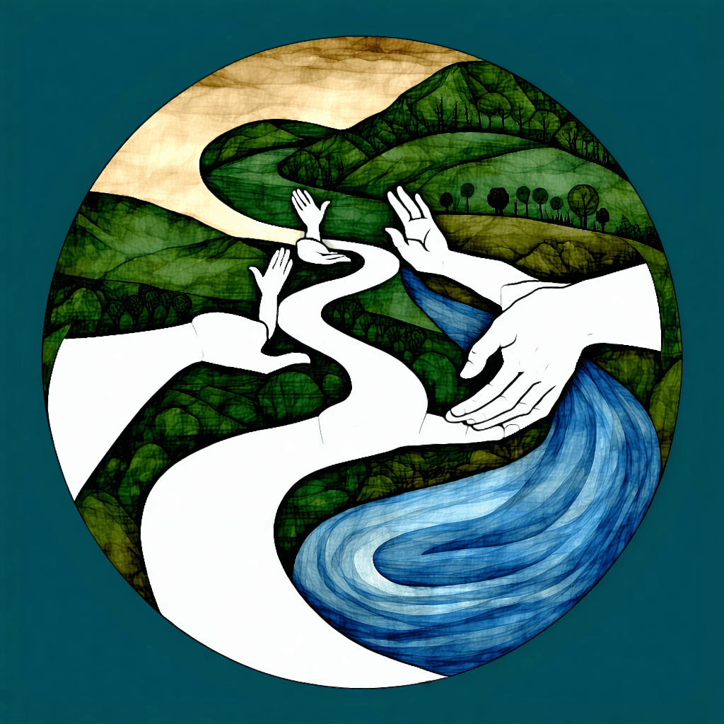 Reimagine this prompt: "Design a distinctive emblem for Waitaki Ara Kāhui Ako, embodying the amalgamation of progress with profound reverence for heritage and the pathway students have throughout their school years. Visualize an elliptical emblem, wherein intertwined hands or silhouttes of people gracefully flow and morph into sinuous river courses showing the different pathways people take on their learning journies, epitomizing connection, mentorship, and unity. Incorporate the powerful image of a Tui's silhouette tp show that we all belong and we should speak up, infusing an additional layer of symbolic depth. The color palette should reflect earthy tones,  symbolizing an unwavering commitment to ecological equilibrium. Pursue a modern minimalist aesthetic, leveraging sharp, clean lines and a flat design."