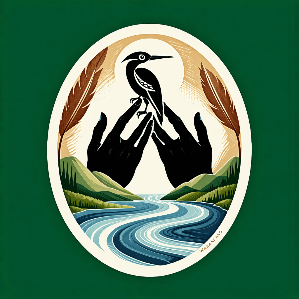 "Create a badge for Waitaki Ara Kāhui Ako showcasing both progress and a profound respect for heritage. Visualize an oval insignia, where intertwined hands are seamlessly blending into river courses, representing mentorship and unity. Incorporate a silhouette of an indigenous bird, providing an additional layer of powerful symbolism. The color scheme should mirror the earth, with subdued shades of green and brown, symbolizing a pledge to ecological balance. Opt for a contemporary minimalist approach, utilizing crisp lines and flat