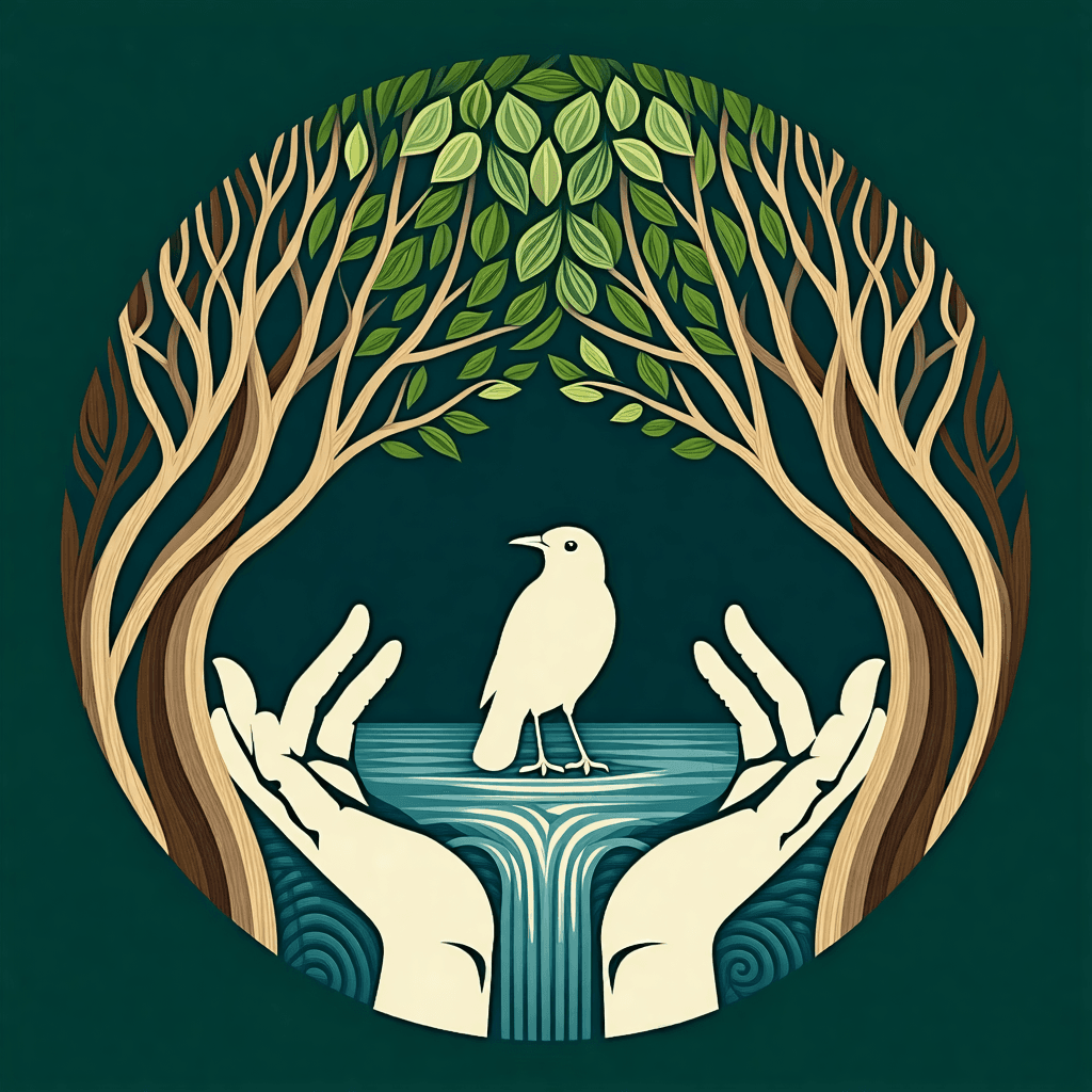 "Design a logo for Waitaki Ara Kāhui Ako that embodies innovation and a deep connection to tradition. Imagine a circular emblem, where hands are elegantly weaving into river paths, symbolizing guidance and unity. Incorporate a silhouette of a native bird, adding a layer of rich symbolism. The color palette should evoke the earth itself, with muted greens and browns, reflecting a commitment to natural harmony. Embrace a modern minimalist style, using clean lines and flat design with subtle shadows for depth, ensuring the logo's simplicity and clarity aren't compromised. Weave traditional patterns subtly into the design, honoring cultural heritage. The logo should feature text in a serif font that nods to tradition while maintaining a clean, contemporary look. Remember, the logo must be versatile, easily scalable to maintain its impact across various mediums. This design should not only represent Waitaki Ara Kāhui Ako but also resonate as a symbol of innovation, community, and respect for tradition."