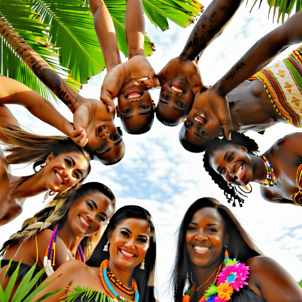 "Capture the essence of joy and cultural richness as a group of Polynesian people gather in a circle, their genuine smiles illuminated by soft, natural light. Center this joyful assembly amidst lush tropical greenery, ensuring each individual is adorned in traditional attire that speaks volumes of their heritage. The composition should be at eye level, inviting viewers into the circle, as if they're part of the storytelling. Let the scene be alive with movement, embodying the sharing of stories, laughter, and the vibrancy of their culture. Opt for warm earth tones that complement the setting, enhancing the celebratory mood. Overlay the image with a cultural tagline that resonates with cultural enthusiasts, crafting an ad that not only showcases the beauty of Polynesian traditions but also invites the world to celebrate with them. Aim for a style that balances glow and shadow depth, focusing on the authenticity of the moment."