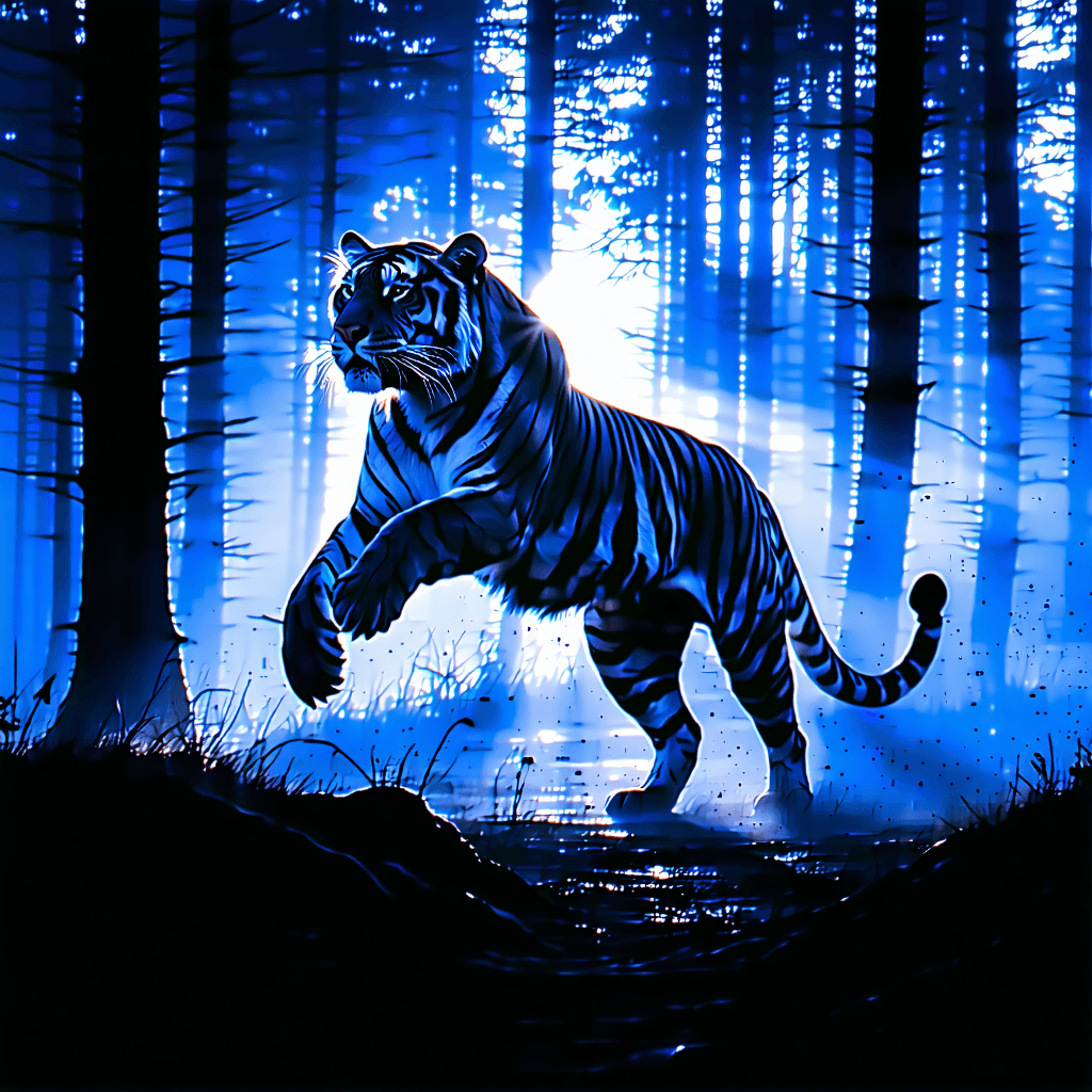 "Portray the electrifying energy of dusk as a powerful tiger executes a dynamic leap, it's form a striking silhouette against the setting sun. From a low angle, the camera gazes up at the tiger, creating a sense of awe and dominance. The distant forest landscape, enveloped in the rich hues of twilight, stands in stark contrast with the tiger's dark silhouette, highlighting its form with a sharp, dramatic focus. The tiger, perfectly centered, commands attention, its commanding leap frozen in