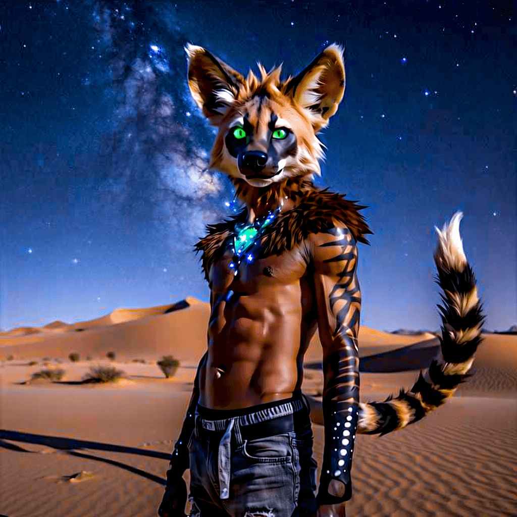 "Under the vast canvas of a starlit desert sky, an arcane character comes to life, embodying the perfect blend of the mystical and the everyday. Captured in an eye-level shot, this figure boasts the unique charm of hyena ears and a tail, both adorned with rich brown fur that contrasts strikingly against their sun-kissed skin. Their human form is accentuated by casual, modern attire, yet it's the magical accessories that truly catch the eye, sparkling with an otherworldly glow. Green eyes gleam with a playful, hyena-like mischief, while their arms bear distinctive stripes, hinting at a deeper connection to the wild. The air around them shimmers with magical particles, as if the very essence of magic is at play. The earthy tones of their surroundings, enriched with gold accents and the autumnal whisper of falling leaves, create a backdrop that's both inviting and mysterious. As this character stands in a playful pose, their presence is a vivid reminder that adventure and magic are never far away. The scene is complete with a catchy tagline that beckons young adults to embrace the call of the unknown: 'Where Magic Meets Adventure - Dare to Discover.' This image, balancing the line between realism and fantasy with slightly exaggerated features, is a call to the wild side of imagination, promising an adventure as boundless as the night sky above."
