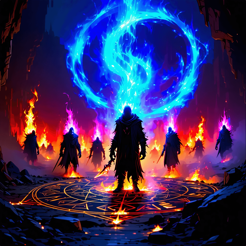 Create a scientifically accurate illustration that captures a scene of dark spirits being summoned by mutant humans. The main focus is on the dark spirits, illuminated by strong directional lighting from below, creating dramatic shadows and highlights. The humans show glowing mutations on their bodies, indicating their unnatural state. Around the dark spirits, a whirling energy vortex adds a dynamic sense of movement, while ethereal mist provides texture for realism. The summoning circle is intricately designed with ancient Celtic runes, sigils, and geometric patterns, grounding the scene in a sense of ancient mysticism. The color palette contrasts red and blue tones to differentiate between the humans and spirits, enhancing the mood. The dark spirits have glowing eyes with intricate patterns, adding to their otherworldly appearance. Humans wear fearful expressions, their outstretched arms in supplication, enhancing the storytelling element. The composition uses a diagonal approach for dynamic energy, with sharp focus on the spirits and a blurred background to emphasize the foreground. Atmospheric elements like crackling energy arcs add to the scene's intensity. This illustration should convey both the scientific aspects of mutation and the fantastical elements of spirit summoning in a clear, educational, and professional manner, suitable for a scientific audience interested in the intersection of genetics and mythology.