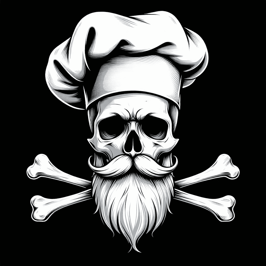 Skull and crossbones with beard and moustache, wearing a chefs toque hat. Black and white