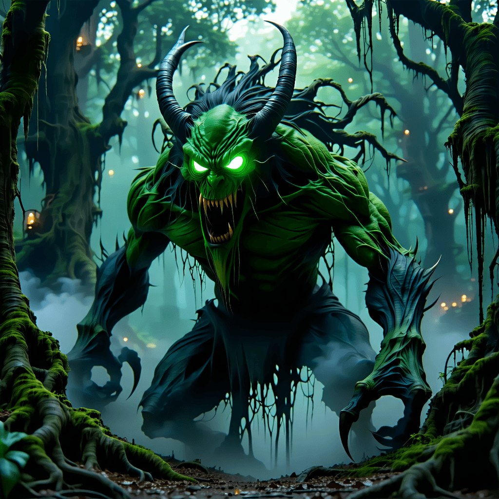 Craft a photorealistic 8k resolution image capturing the terrifying essence of a yamauba yokai, illuminated by harsh, directional lighting from above that accentuates the decayed skin, with visible veins and wrinkles. The color palette should be desaturated, with sickly green and deep, ominous purples predominating. The yamauba's eyes are to glow with a malevolent, piercing gaze. Set this scene in a dark, misty forest with twisted trees and ominous shadows, where subtle mist and fog swirl around the yamauba, whose claws are extended menacingly towards the viewer. The details of visible scars, blemishes, and signs of past injuries should be vivid on its skin, with a twisted, snarling expression revealing jagged teeth. The background should blur slightly with a shallow depth of field to isolate the yamauba, while tangled, thorny vines wrap around its limbs, adding to the ominous atmosphere. This image should evoke a sense of dread, leveraging professional photography techniques for sharp focus, realistic textures, and cinematic composition.
