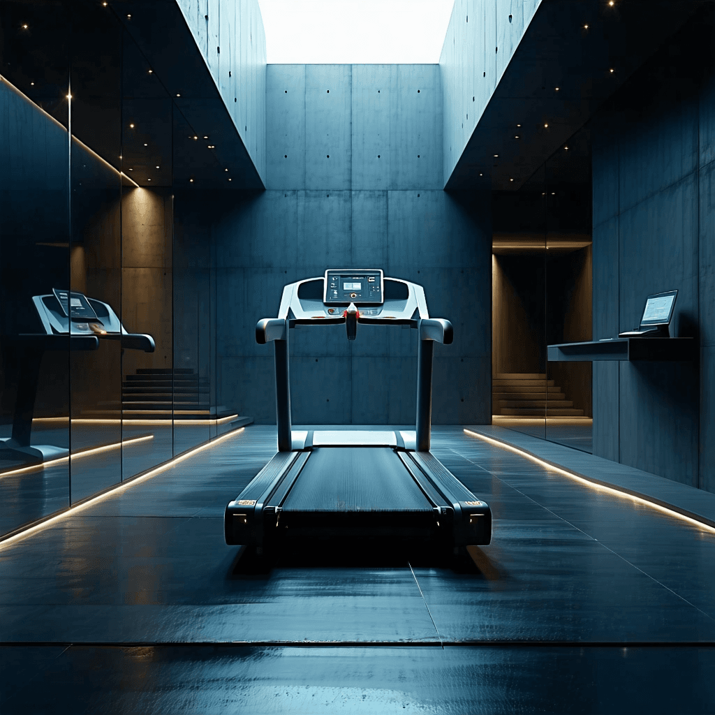 Envision a sleek, cutting-edge treadmill as the centerpiece in a minimalist, modern architectural environment, where every detail is meticulously designed for aesthetic appeal and functionality. The space around the treadmill is bathed in dramatic lighting, casting dynamic shadows that suggest movement, while also playing with reflections on polished surfaces to mirror the treadmill and its surroundings, enhancing the visual depth. The treadmill belt boasts a detailed, tactile texture, inviting one to feel its surface even through the image. A human figure stands beside the treadmill, providing a sense of scale and emphasizing its grandeur within the space. Incorporate futuristic elements like holographic interfaces that hover around the treadmill, suggesting advanced technology at play. The environment melds with nature, as lush greenery encroaches softly on the space, offering a stark but harmonious contrast to the clean lines and abstract geometric patterns that define the room's architecture. In the midst of this futuristic and natural amalgamation, surreal elements subtly emerge, with floating objects around the treadmill, adding an element of wonder and intrigue. Overall, the composition is kept minimalist, focusing on the interplay of light, texture, and space to convey a sense of movement and functionality within a serene, architecturally sophisticated setting.