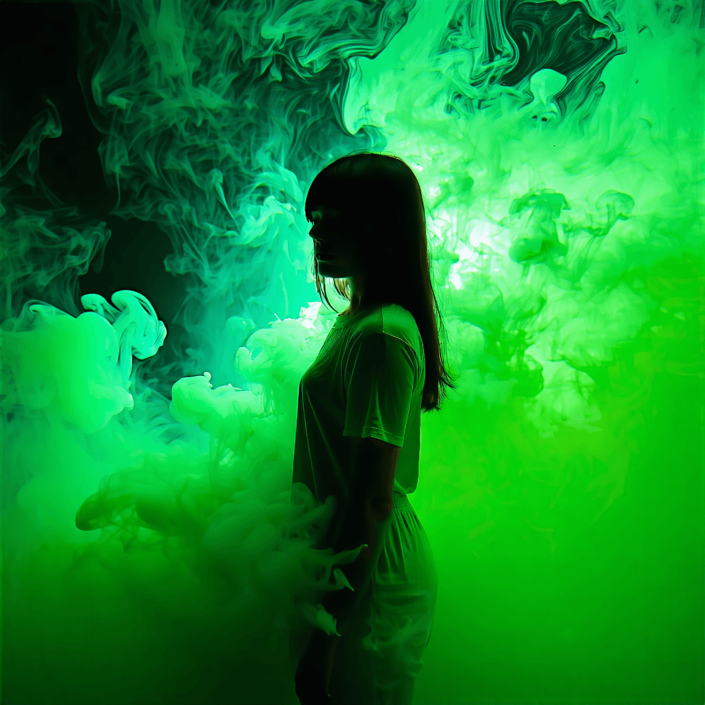 Please visualize an otherworldly tableau where a mesmerizing anime girl succumbs to the elusive grip of a mind-altering emerald miasma. This hallucinatory spectacle is shrouded in a spectrum dominated by neon green and jade undertones, intensifying its hypnotic charm. Radiate this panorama with a lambent aura that radiates from the miasma and the damsel alike, casting a spectral illumination that emphasizes the wispy smoke and swirling mist textures.

Craft a background that rejects traditional perspective, bedecked with an asymmetric composition designed to guide the viewer's gaze through this supernatural narrative. Weave subtle motifs of clocks within the emerald smog or the backdrop, insinuating the distortion of time or the maiden's futile struggle against its relentless march. This artwork should stir a blend of awe and discomfort, fusing the realms of the familiar with the phantasmal in a ballet of shade, light, and chroma.