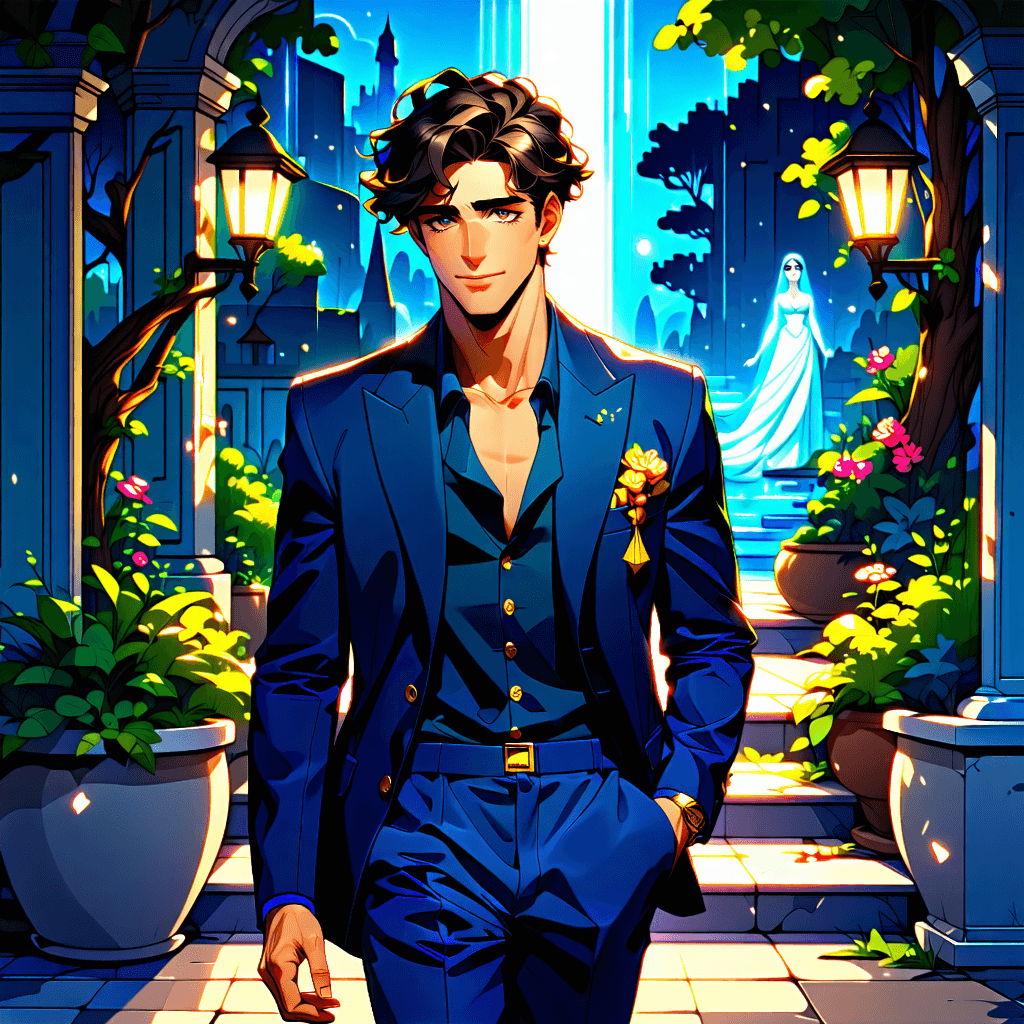 Create a hyper-realistic, cinematic hero banner of a stylish young man with curly hair, sharp features, wearing a navy silk blazer adorned with gold cufflinks, walking through a neon-lit rooftop garden at night. His steps are captured with a subtle motion blur, emphasizing movement and dynamism, as he walks unaware of the Goddess Mahalakshmi floating behind him. She is rendered translucent, clad in a modern golden sari with star patterns, scattering invisible blessings. The planet Venus glows intensely above with a soft halo effect, enhancing the magical atmosphere. The scene is shot on a Hasselblad camera in 8K resolution, utilizing cinematic lighting to cast luxurious reflections on the silk blazer, and incorporating a lush foliage foreground for depth. A glowing aura surrounds the goddess, highlighting divine motifs alongside subtle elements like light rays for blessings and lotus flower motifs in the background. The young man's determined gaze is a focal point, framed by the rule of thirds for impactful composition. The luxury aesthetic is elevated with enhanced silk texture on the blazer, ethereal mist effects, and a soft glowing overlay to imbue the scene with an ethereal atmosphere.