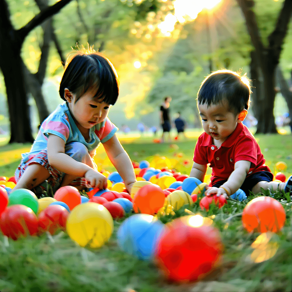 Capture a high-resolution, cinematic photograph of children at play, bathed in the soft, diffused glow of natural light. The scene unfolds in a vibrant park adorned with scattered colorful toys, hinting at the joyful chaos of play. Utilize a telephoto lens perspective to candidly capture the children's expressions and dynamics from a distance, ensuring a natural, unposed atmosphere. Embrace a low angle to offer an intimate glimpse into their world, aligning with the rule of thirds for a harmonious composition. Experiment with slow shutter speeds to introduce a subtle motion blur, encapsulating the energy and movement of the children chasing each other, with occasional falling leaves or petals adding a whimsical touch. Select a wide aperture to soften the background into a dreamy blur, focusing sharply on the children and their immediate surroundings. The image should tell a story, conveying the progression from tentative exploration to full, exuberant play, highlighting the fleeting, precious moments of childhood.