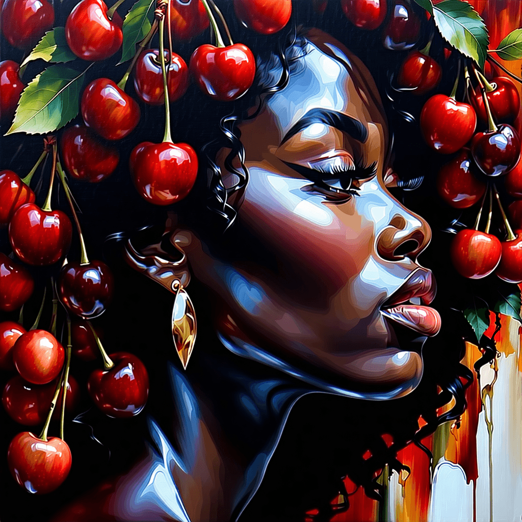 Elevate this prompt: "Envision an otherworldly artwork depicting an avant-garde profile portrait of a captivatingly beautiful Black woman, her face angled towards the left. Her ebony skin is as glossy as ripe cherries, reflecting smoothly like a polished mirror and providing a sleek canvas. Her tresses metamorphose into artistic renditions of cherry leaves in varying shades of bold reds and luxe burgundies, partially veiling her countenance to add an air of mystique. Her eyes are strikingly realistic, mirroring intense emotions, accentuated by minimalist, cherry-shaped earrings dangling from her left ear. Petite black cherries sprout unexpectedly from her cheek, blurring the boundary between realism and surrealism. The portrait is wrapped in a fluid art style, highlighting smooth surfaces and contemporary lighting techniques to amplify high contrast. The backdrop is deep and minimalistic, the color palette dominated by profound black for the skin and background, glistening cherry red for the skin's reflective sheen, majestic red and burgundy for the hair leaves, gleaming black for the cherries, warm vanilla for the eyes, and dark slate or charcoal black for the shadows and subtle background detailing. The entire composition presents a dreamlike equilibrium, harmoniously merging the vibrant surrealism of her features with the simple yet elegant backdrop."