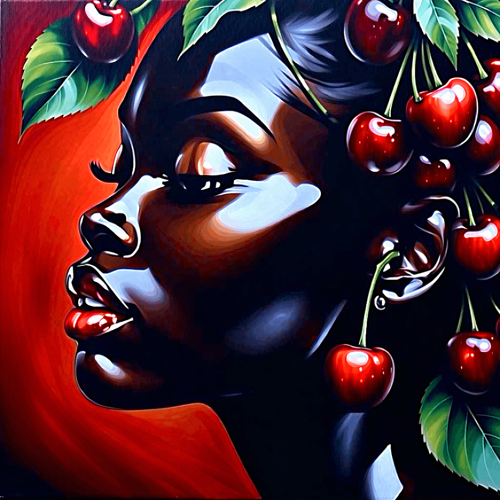 Create a surreal artwork capturing a modern profile portrait of a beautiful Black woman facing left. Her skin is deep black with a glossy, cherry-like shine, reflecting a smooth and sleek surface. Her hair transforms into stylized cherry leaves in rich reds and burgundies, draping partially over her face to add mystery. Her eyes are realistic and expressive, set against minimalistic cherry-shaped earrings on her left ear, and small black cherries sprout from her cheek, blending the organic with the surreal. The portrait is enveloped in liquid art style, highlighting sleek surfaces and modern lighting to produce high contrast. The background is dark and stylishly minimal, with colors focusing on deep black for the skin and background, glossy cherry red for the skin's shine, rich red and burgundy for the hair leaves, shiny black for the cherries, warm cream for the eyes, and dark gray or charcoal for shadows and background nuances. The composition is dreamlike, balancing the vibrant surrealism of her attributes with the simplicity and elegance of the setting.