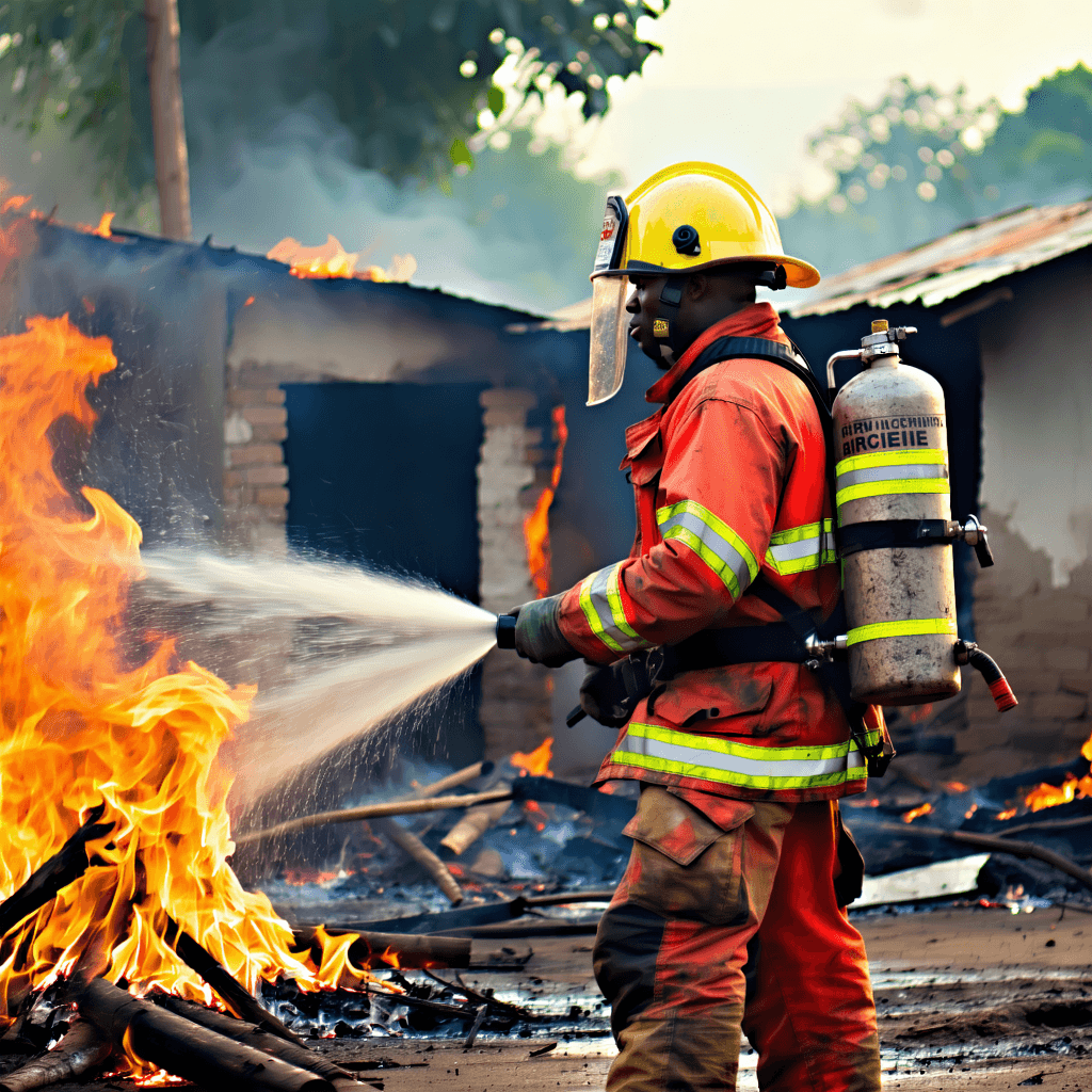 Firefighter extinguishing fire outbreaks in a local community in nigeria and highlight challenges faced by fireman 