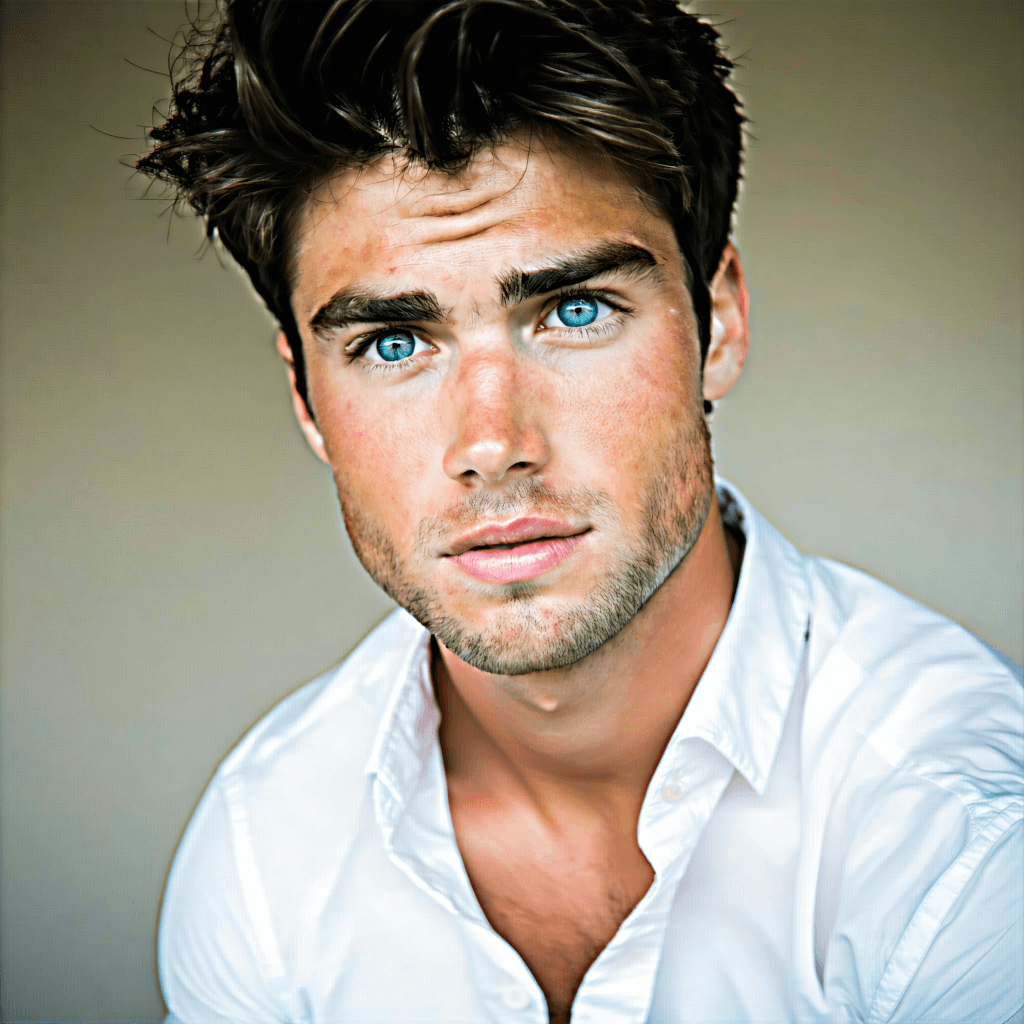 Capture a photographic image of a young man with captivating blue eyes and dark hair, exuding a tranquil allure. He's dressed in a white button-up shirt, the collar casually unbuttoned to add a relaxed vibe. The portrait should be framed as a close-up shot that emphasizes the intensity and depth of his blue eyes, set against the simplicity of a neutral-colored wall. Utilize soft, natural light streaming in from a window to highlight the fine details of his facial features while casting a gentle glow, enhancing the serene and introspective mood. His expression is serious, with a slight tilt of the head, inviting curiosity about his thoughts. Ensure the image conveys a natural look with subtle skin retouching, capturing the texture of his shirt and the softness of the lighting. The composition should reflect a cinematic quality, with a sharp focus on his eyes, creating a moment of connection that feels both intimate and profound.
