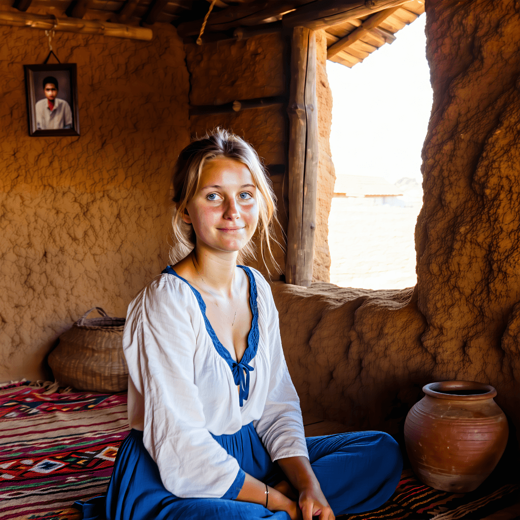 A fair-skinned young woman with blue eyes sits up on a charpai inside a clay-walled rural bedroom, filtered golden sunlight pouring through a wooden window. Hand-woven rugs, a mud pot, and a faded family photo decorate the background. Her white and blue clothes are slightly wrinkled from sleep.

