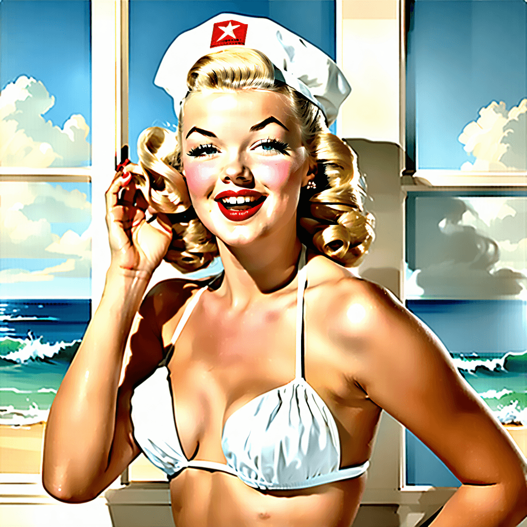 Craft a portrait-art image capturing the essence of a playful, teen girl in a pin-up style. She's adorned in a white bikini complemented by a sailor's hat, exuding charm with her blonde hair styled in retro curls and bold red lipstick highlighting her radiant, joyful smile. She strikes a playful pose, winking at the viewer, one hand confidently resting on her hip and the other lightly touching the brim of her hat. The scene is bathed in soft, natural lighting streaming through a window, casting a dreamy atmosphere in soft pastel tones. Set against a vintage beach backdrop, the composition is balanced using the rule of thirds, enriched with retro props like vintage sunglasses and a parasol, evoking a nostalgic vibe. Emphasize the subtle textures to give it a genuine vintage feel, ensuring her expression and body language convey cheerful laughter and a sense of carefree joy.