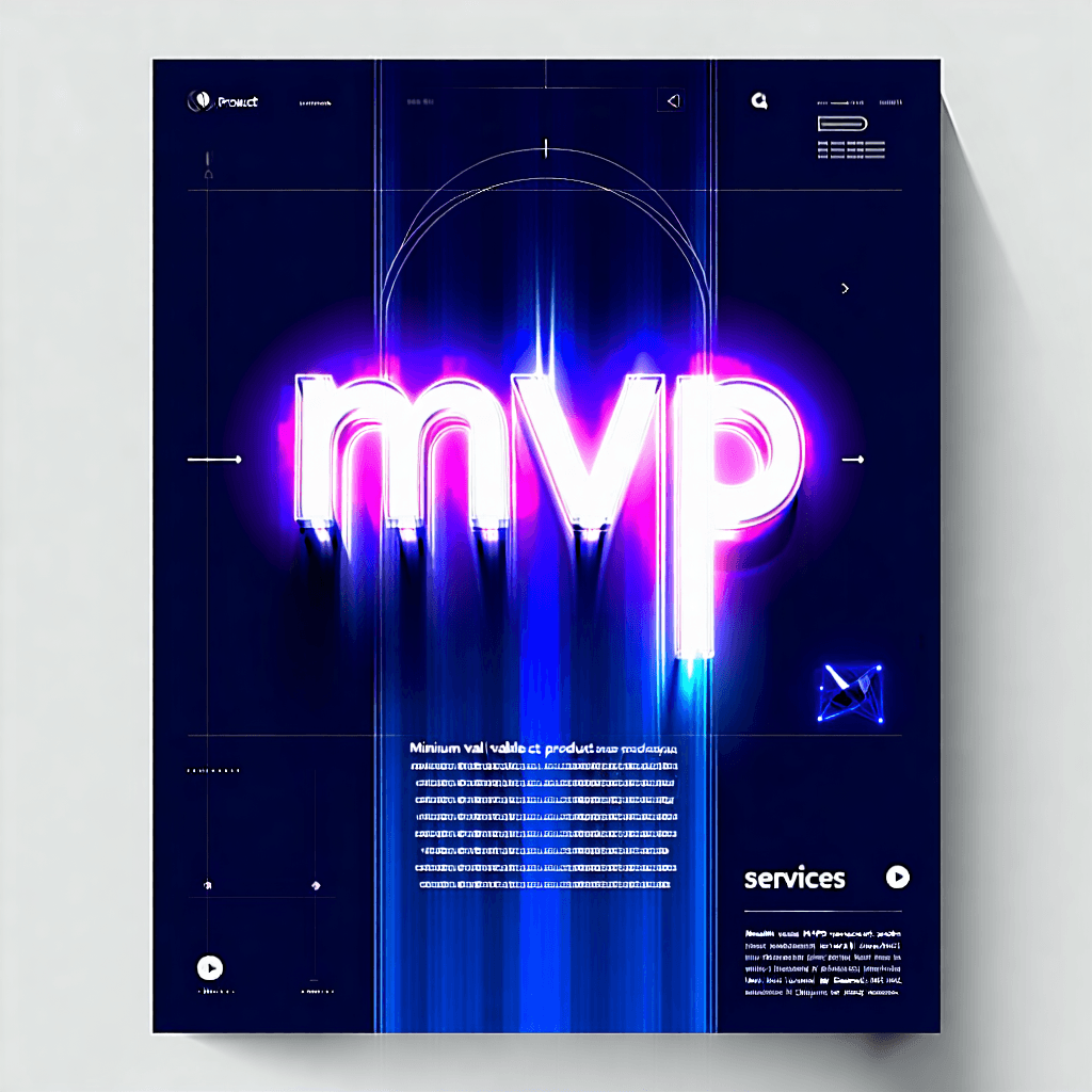 Create a visually striking poster that showcases the evolution of a product's Minimum Viable Product (MVP) services through dynamic UI wireframes and app screens. These elements should animate into a coherent layout, depicting the real-time assembly of the product. Incorporate a motion blur effect to enhance the real-time animation feel. The focal point should be a prominently glowing MVP logo, symbolizing the essence of MVP services. Overlay futuristic Heads-Up Display (HUD) elements to emphasize the tech aesthetic. Use a neon gradient color palette to inject vibrancy and life into the design. The typography should be a futuristic digital font, resonating with the tech theme. Add depth and dimension through a parallax scroll effect, enriching the viewer's experience. Employ a focus light effect to establish a clear visual hierarchy, directing attention to key areas. Make the wireframes interactively clickable, suggesting functionality within the poster's digital context. Arrange the composition in a diagonal layout to create dynamic movement. Narrate the product's development journey with an evolution timeline that seamlessly integrates into the design. Finally, apply a glass texture overlay for a sleek, modern finish.