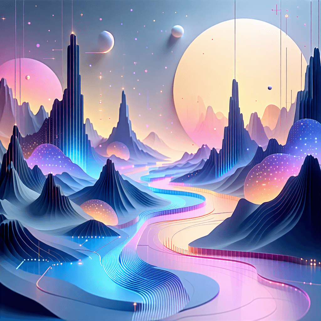 "Craft a scientific illustration that subtly demonstrates the serene flow of abstract UI elements. Picture a refined interface infused with pastel-hued geometric patterns. Every component – hover effects, dropdown menus, and input fields – comes alive with gentle, undulating radiance, showcasing hover animations and parallax effects for depth. These elements should transition with grace, illustrating a futuristic holographic display. Weave in soft transitions to amplify the interactive experience, with text appearing below: 'Launch your MVP with elegance, precision
