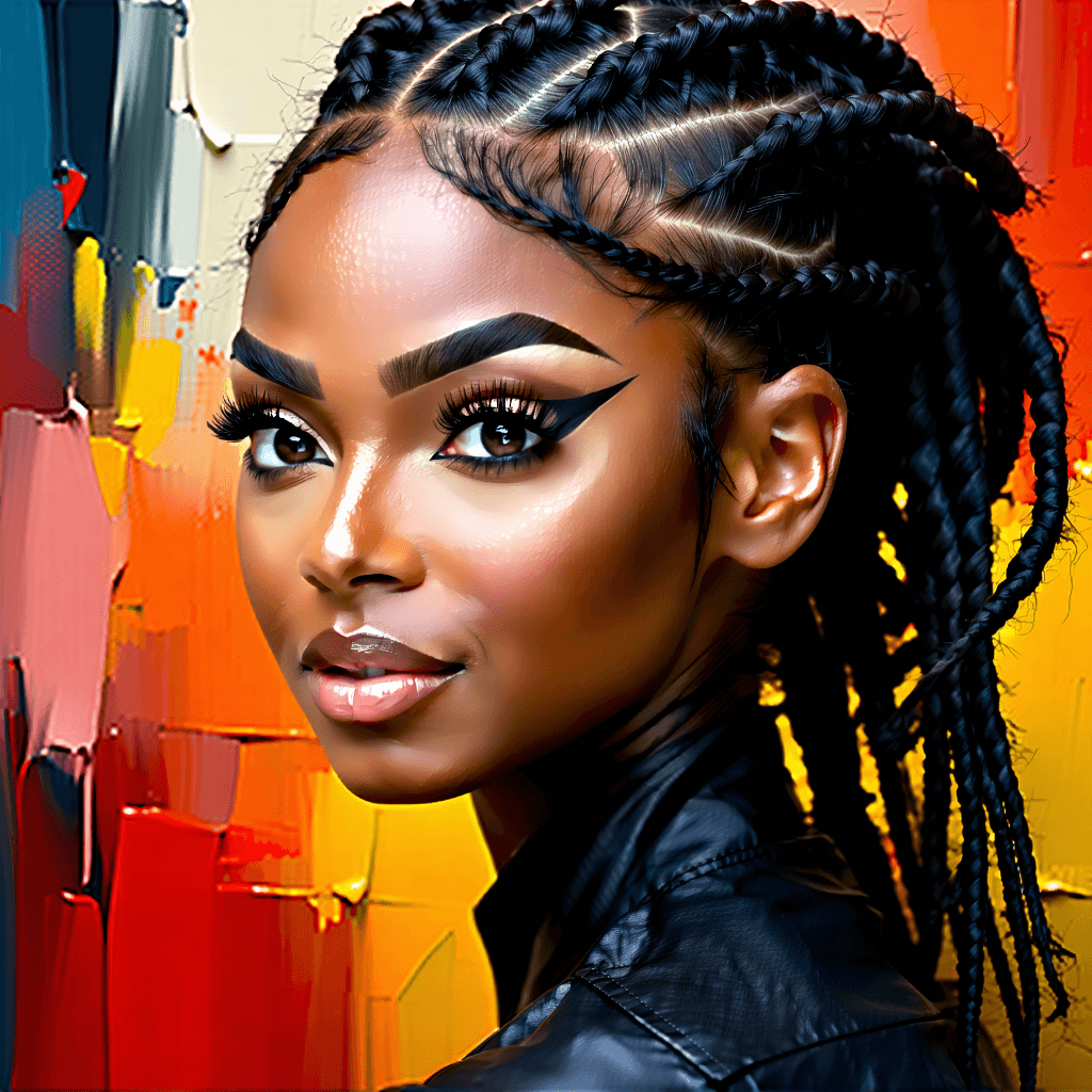 Craft a poster featuring a stunning black girl with dreadlocks receiving a glamorous retouch. The scene captures her in a confident pose, her gaze piercing the viewer with intense eye contact, as if to unveil her renewed spirit. Her skin glows naturally, complemented by dramatic eye makeup that accentuates her beauty. The dreadlocks are meticulously highlighted, each strand refined to showcase their intricate texture, with all flyaways smoothed out for a pristine look. Facial imperfections are subtly softened, preserving her authentic allure. Surround her with a vibrant abstract background, employing rich jewel tones that echo her inner radiance. Side lighting casts dramatic shadows, adding depth and emphasizing her features. Overlay the scene with readable, impactful typography on the side, harmonizing with the poster's bold and professional style.