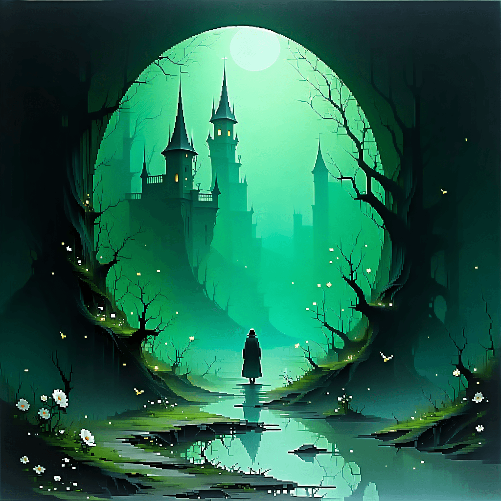Create a surreal artwork that embodies an analog horror aesthetic, weaving a dreamlike scene where the main focus is on the unsettling beauty of distorted reality. Envision a monochromatic palette, enriched with subtle shades of green, casting an eerie glow over a scene filled with harsh, contrasted lighting. The composition should feature a close-up perspective with wide-angle distortion, emphasizing the distorted proportions of shrinking figures in vast, unnerving spaces. Imagine flowers wilting into skeletal forms, and characters with eyes devoid of pupils or mouths sewn shut, whispering secrets into the void. Mirrors or reflective surfaces should reveal temporal anomalies, with objects eerily floating in midair, and a broken hourglass with sand leaking into infinity. The texture should mimic a distorted film grain effect, adding a layer of analog horror to the visual narrative. Incorporate elements of disturbed nature and symbolic objects to deepen the surreal, otherworldly atmosphere.