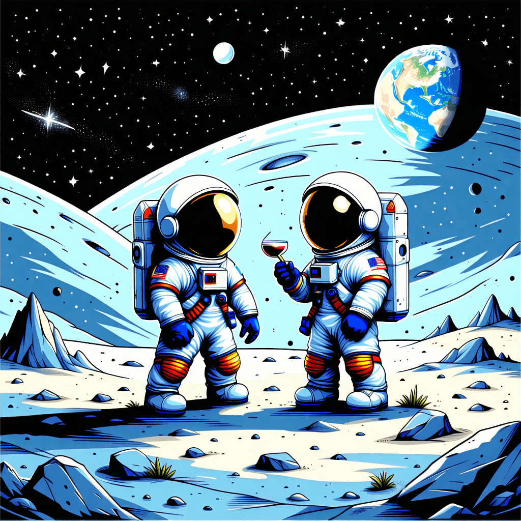 Craft a book cover that captures two cartoon astronauts, their identities concealed by helmets with a glossy finish, sharing a joint on the moon's surface. Set this scene against a backdrop featuring Earth, glowing softly in the vastness of space. Employ bold, vibrant colors to bring this scene to life, using a limited color palette to ensure visual cohesion. The composition should be dynamic, with elements arranged diagonally to convey movement. Soft ambient lighting should highlight the figures, with a spaceship silhouette subtly integrated into the background. Incorporate space-themed details and footprints leading to the astronauts for narrative depth. Apply a glossy texture to the helmets for a futuristic touch, and enhance the contrast for dramatic effect. The overall look should be evocative, eye-catching, and professional, suitable for the genre.