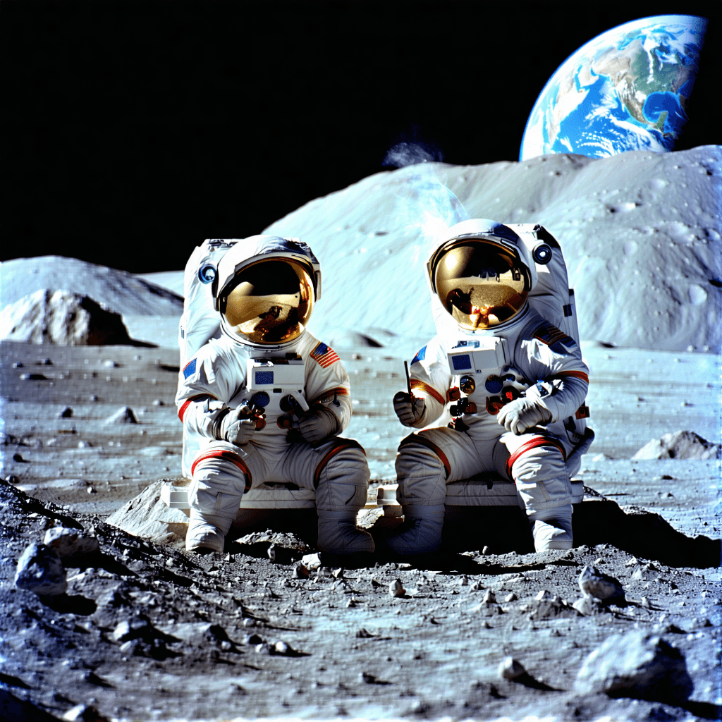 "Design a book cover featuring two animated astronauts, their faces hidden by reflective visor helmets, casually enjoying a joint on the lunar surface. Place this scene within a soft-lit backdrop of Planet Earth, gleaming faintly in the space's infinity. Use a bold and minimal color scheme to paint this scenario, ensuring a visually harmonious composition. Arrange the components in a diagonal pattern for a sense of progression and dynamism. Use soft, low-contrast lighting to emphasize the figures, and subtly