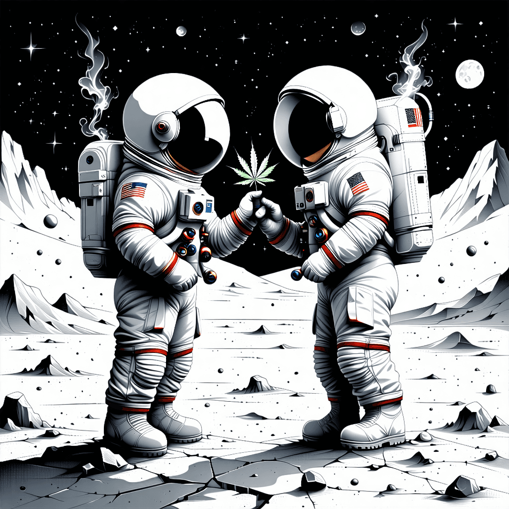 Create a portrait art capturing two cartoon astronauts, helmets on, obscuring their faces, as they share a large weed joint on the moon's surface. The image should breathe life with wavy and dynamic lines, underpinned by a contrasting color scheme that emphasizes the surrealism of the scene. Position the astronauts in a dynamic diagonal composition, exuding confidence in their posture, with smoke trails swirling into asteroid-shaped rings, adding a playful twist. In the backdrop, sketch a silhouette of their spaceship, integrating a cracked moon surface texture to enhance realism. The composition should be illuminated by low-key lighting, casting dramatic shadows and creating a subtle glow around the joint, symbolizing the focal point of their camaraderie. Overlay a glowing cosmic aura that wraps the scene, with distant galaxies dotting the sky, instilling a sense of wonder. Tiny moon rocks scattered around the astronauts' feet and a detailed texture overlay should ground the scene in its lunar setting. Ensure to infuse the entire composition with humor and a sense of playfulness, making the extraordinary setting of smoking on the moon feel whimsically ordinary.