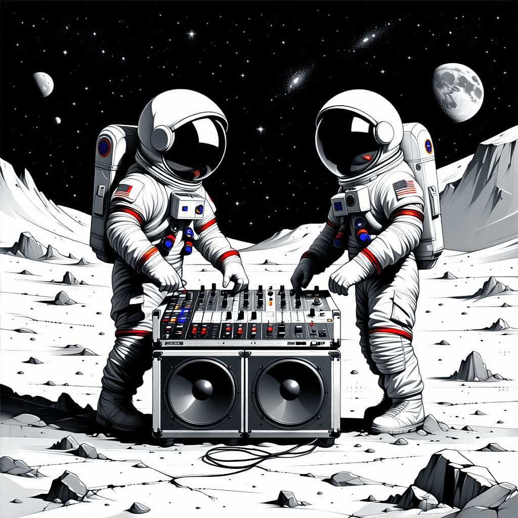 Create a portrait art capturing two cartoon astronauts, helmets on, obscuring their faces, as they are standing next to a soundsystem on the moon's surface and one of the astronauts is playing on a electronic drum pad with his hands while the other astronaut is using faders on a big sound mixer. The image should breathe life with wavy and dynamic lines, underpinned by a contrasting color scheme that emphasizes the surrealism of the scene. Position the astronauts in a dynamic diagonal composition, exuding confidence in their posture, adding a playful twist. In the backdrop, sketch a silhouette of their spaceship, integrating a cracked moon surface texture to enhance realism. The composition should be illuminated by low-key lighting, casting dramatic shadows and creating a subtle glow around the drum pad and sound mixer. Overlay a glowing cosmic aura that wraps the scene, with distant galaxies dotting the sky, instilling a sense of wonder. Tiny moon rocks scattered around the astronauts' feet and a detailed texture overlay should ground the scene in its lunar setting. Ensure to infuse the entire composition with humor and a sense of playfulness, making the extraordinary setting of playing music on the moon feel whimsically ordinary. The astronaut suits should not have any country flag on them and add green colour here and there
