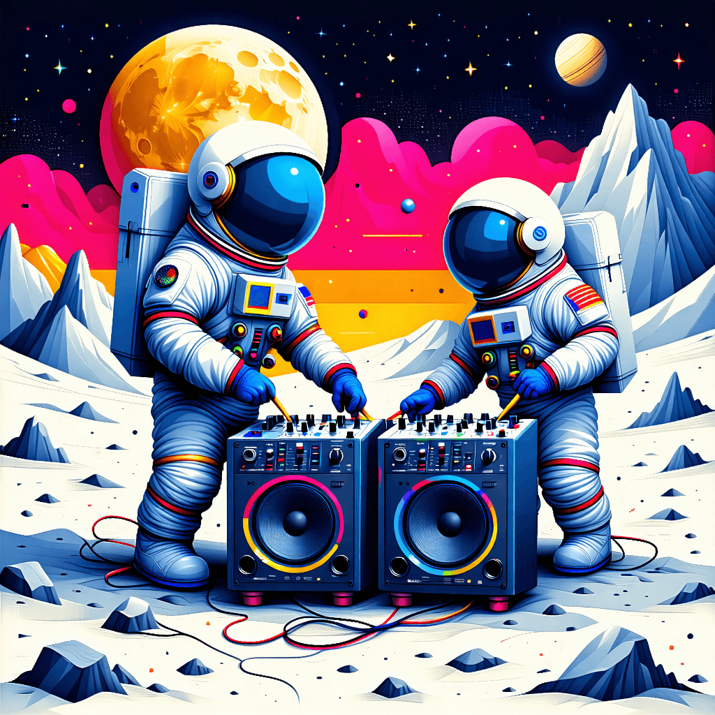 "Design an image showcasing two cartoon astronauts, faces hidden by their helmets, stationed by a soundsystem on the lunar landscape. One astronaut rhythmically plays an electronic drum pad, while the other manipulates the controls on a large sound mixer. The image should radiate energy through dynamic, swirling lines, highlighted by a palette of bold, contrasting colours to intensify the strange and surreal nature of the scene. Arrange the astronauts in a lively diagonal configuration, their postures beaming with self-assuredness