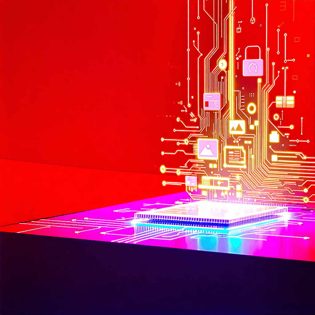 Craft a visually captivating image for a newsletter template, where the essence of technology and informatics is brought to life against a vibrant red gradient background. This image should breathe innovation with its sleek, minimalist layout, featuring a glowing product display at its core that radiates with neon glow effects. Integrate digital circuit patterns subtly across the composition, adding a layer of complexity and interest. The futuristic geometric layout should hint at advanced technology, complemented by floating tech icons to emphasize modernity. Incorporate dynamic lighting to give the impression of movement, utilizing motion blur effects to subtly suggest activity. Glass reflections should add a layer of high-quality realism, enhancing the product showcase. Visual effects like glitch art elements are to be sprinkled sparingly, adding character without overwhelming the minimalist design. Typography, when used, should be modern, digital sans-serif fonts, seamlessly blending into the composition. The overall image should convey a strong informatic and technology mood, ready to captivate the viewer at first glance.