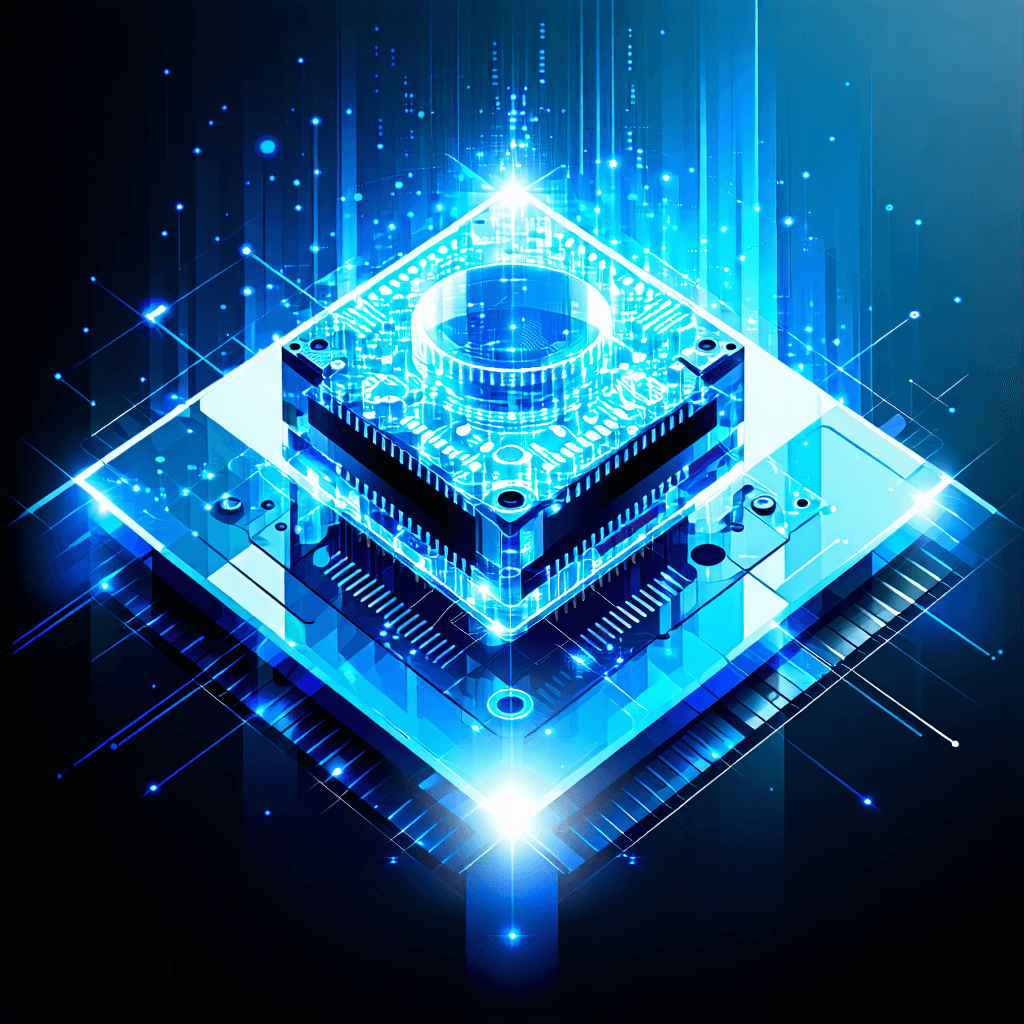 "Design a striking image for a digital brochure, where the world of technology and informatics comes alive against a deep azure gradient backdrop. This image should scream innovation with its clean, contemporary arrangement, showcasing a holographic product display at its heart that shines with bioluminescent effects. Incorporate binary code patterns in a discreet manner throughout the artwork, adding a touch of intrigue and sophistication. The ultra-modern polygonal layout should allude to cutting-edge technology, accented by levitating tech symbols