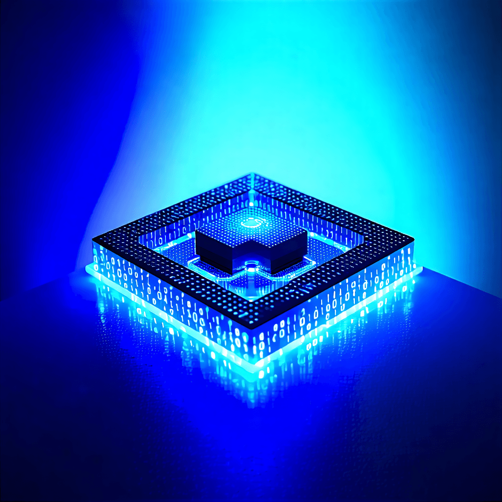 "Develop a captivating image for an online catalogue that marries the realms of technology and data science against an intense cobalt blue ombre canvas. This image should echo advanced technology through its sleek, modern setup, featuring a 3D holographic gadget presentation at its core that glows with phosphorescent details. Intersperse elements of binary code subtly across the design to evoke a sense of mystery and elegance. The avant-garde geometric framework should hint at state-of-the-art technology, highlighted