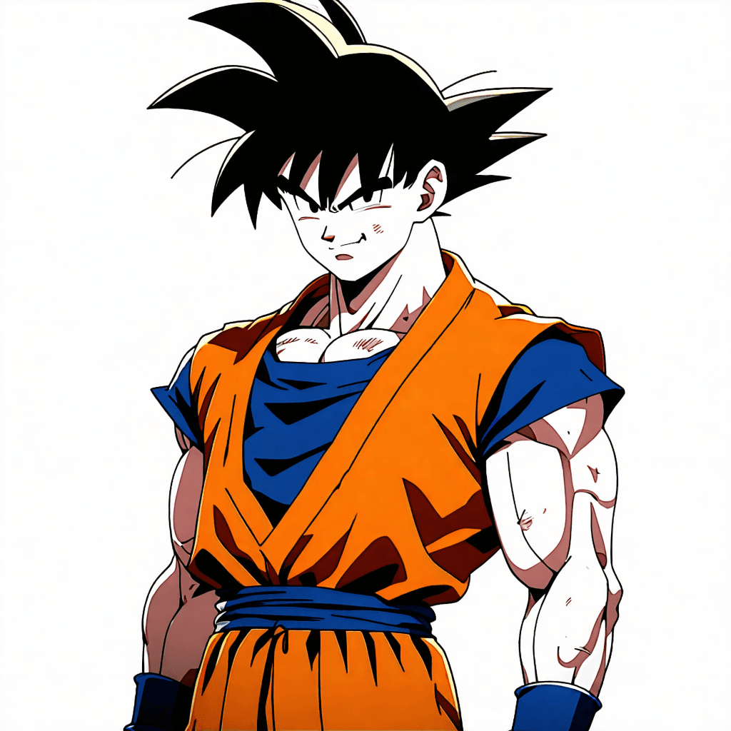 "Craft an image of Goku from Dragon Ball, donned in a stylish, finely-detailed vest over his signature orange jumpsuit."
