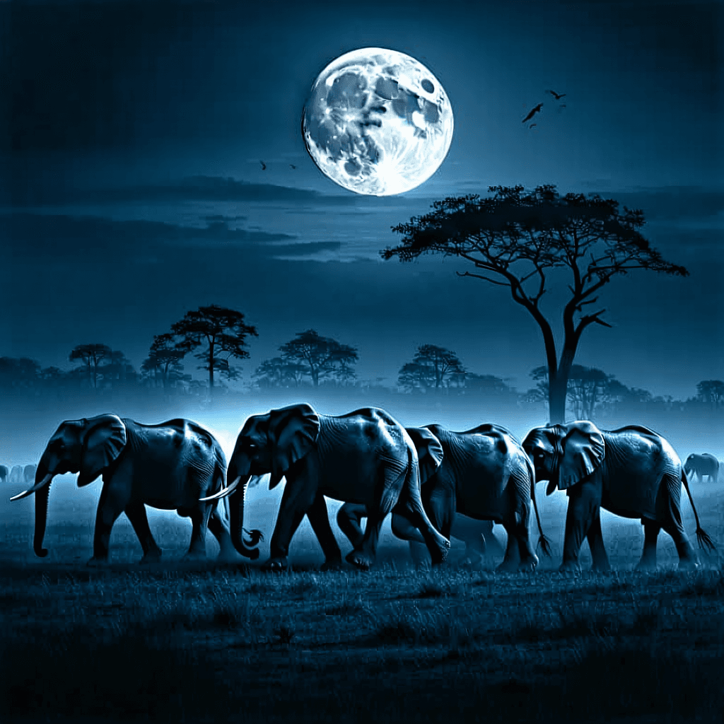 "Craft an evocative, noir-style image portraying a herd of 30 elephants, each boasting extraordinarily detailed skin textures and entrances of profound depth, subtly navigating the African Savannah under the ethereal glow of a full moon. The scene takes place at midnight, under a silver moonlight dyeing the sky in shimmering shades of blue and grey. This striking composition should be captured from a high-angle viewpoint to underscore the elephants' mysterious journey against the backdrop of tall grasses and shadowy acacia