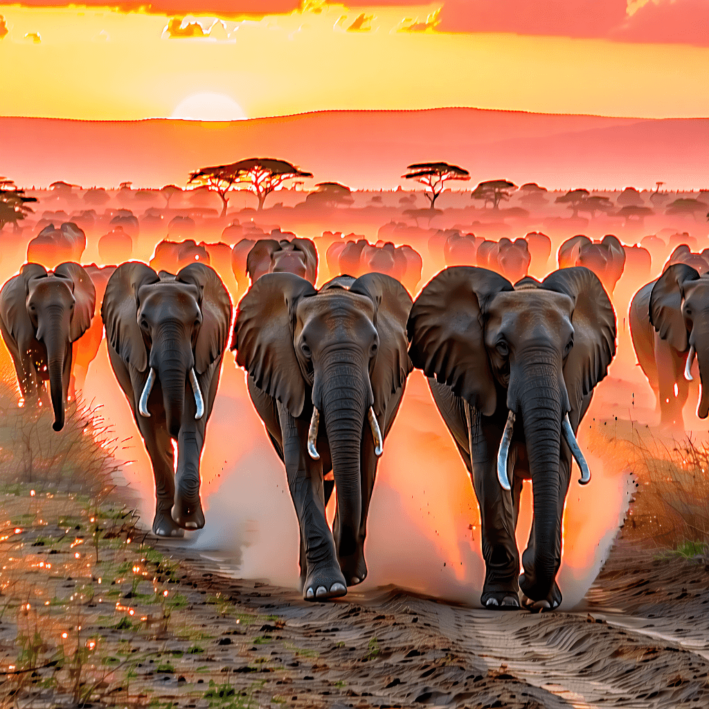 Create a breathtaking, photographic image capturing a herd of 30 elephants, each with intricately detailed skin textures and deeply expressive eyes, gracefully traversing the African Savannah. The scene unfolds at dawn, under a vibrant sunrise painting the sky in brilliant shades of orange and pink. This cinematic composition should be shot from a dynamic, low-angle perspective to emphasize the grandeur of the elephants against the backdrop of tall grasses and silhouetted acacia trees. The image must radiate warmth and saturation, highlighting the fluid motion of the elephants and the rich textures of the savannah landscape. Utilize a shallow depth of field to focus on the elephants, enhancing the atmospheric effects with a subtle mist or haze that catches the side lighting, creating a soft glow around the subjects. The rule of thirds should guide the composition, ensuring a balanced, visually arresting image that feels alive and full of motion.