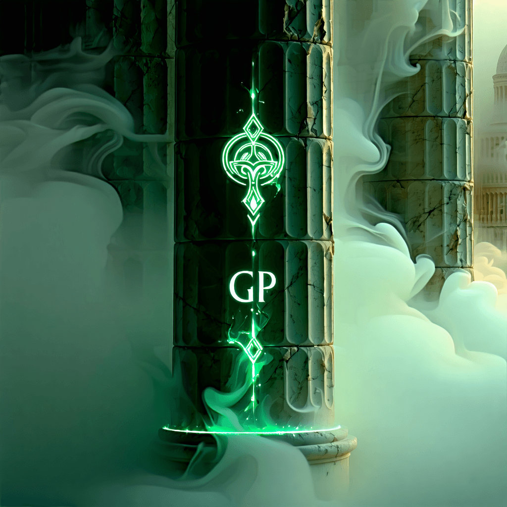 "Design a digital image portraying the enchanting charm of a symbolic tattoo on the inner side of the left leg. The scene is set against a backdrop of an ancient Greek pillar, half-hidden yet detectable within a swirling mist. A gentle green light appears from the fog, highlighting the initials 'GP' as if magically imprinted within the mist. The Greek pillar, marked by time, echoes the shape of the leg, with its crevices glowing in green, mysteriously showcasing the initials '