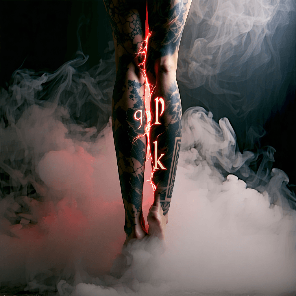 Create a photographic image capturing the mysterious allure of a realistic tattoo adorning the inner side of the right leg. This scene unfolds with a backdrop of misty fog gently embracing a weathered Roman column, partially obscured yet present. From the fog, a haunting red light emanates, casting an ethereal glow that brings to life the initials 'GP' as if seared into the mist itself. The Roman column, cracked and worn by time, mirrors the contours of the leg, with its fissures aglow in red, mysteriously revealing the initials 'JK' within the radiant fissures. The composition is set in a dramatic diagonal, emphasizing a shallow depth of field that focuses intently on the tattoo, allowing the background to blur into a dreamlike state. The color palette dances between stark reds and monochromatic tones, with a subtle texture overlay adding a tangible feel to the scene. This image, rich in contrast and high detail, is imbued with a surreal and mysterious mood, under a low angle view that adds to its drama. Subtle rain or drizzle adds to the atmosphere, with translucent mist and glowing effects around the initials enhancing the depth and revealing hidden details. The scene is a blend of the real and the mystical, a narrative told through visual clues and enhanced by the ambient red lighting that both illuminates and shadows.