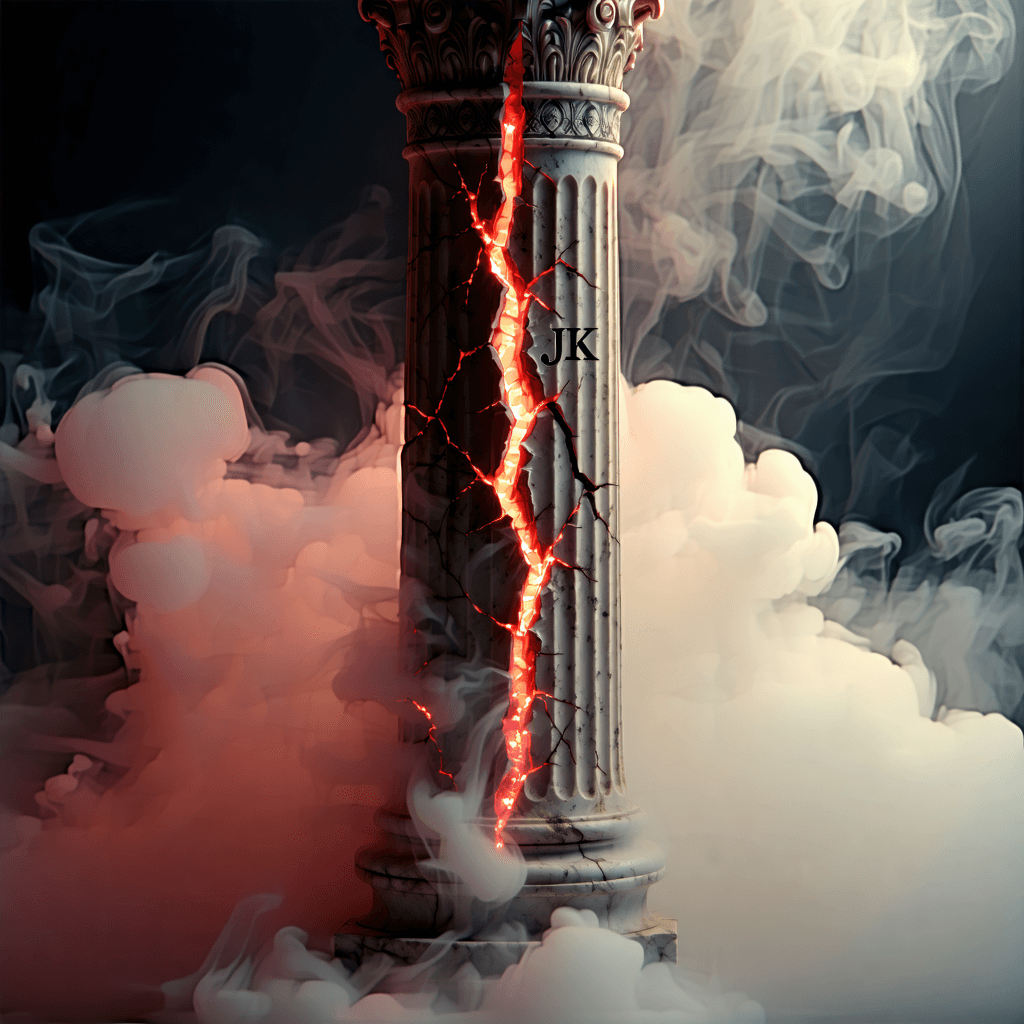 Realistic tattoo on the shin all around to the thigh on the right leg, surrounded by misty fog partially covering a Roman column. Red light shines from the fog, with the initials 'GP' burned into the column. The Roman column has cracks running through the stone, formed by the shin and calf. Red light radiates from the cracks, revealing the initials 'JK' within the light.