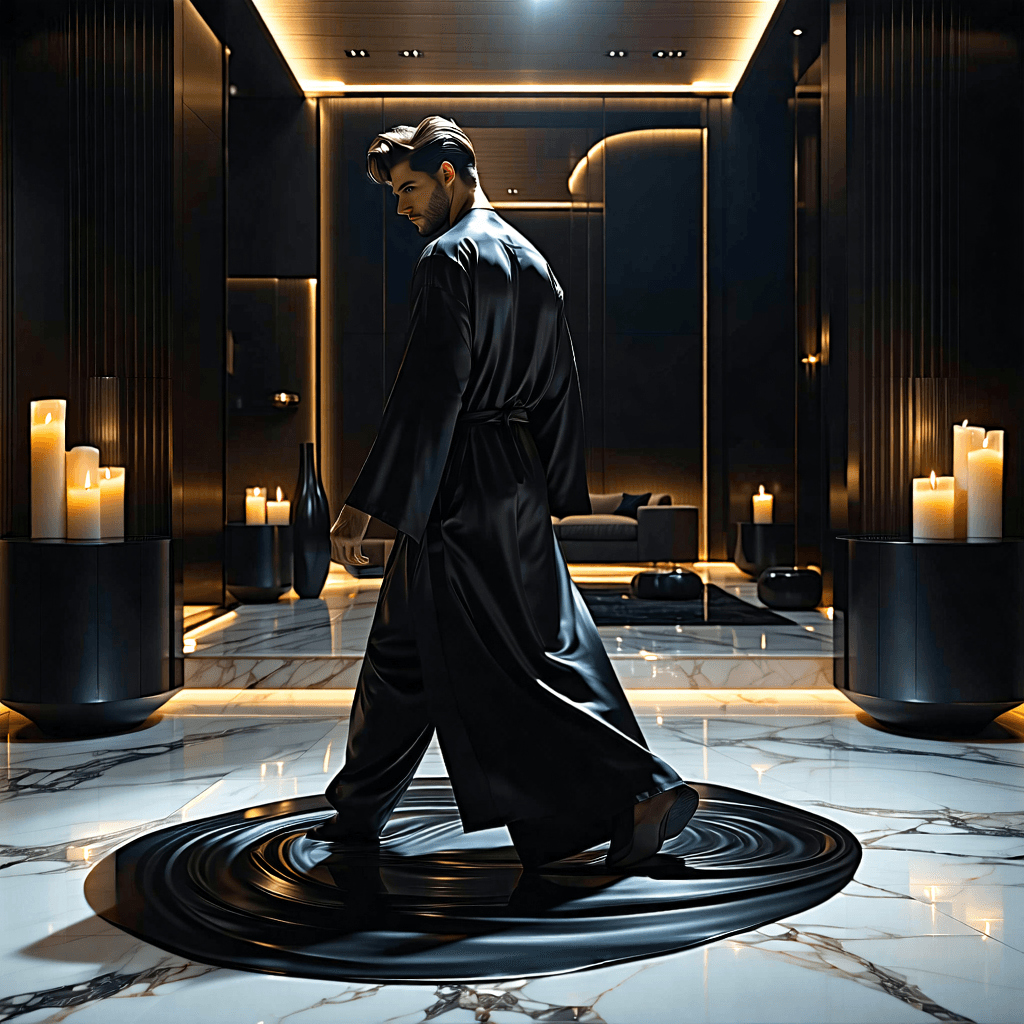 Envision a high-end cinematic Instagram ad that weaves a narrative of seduction and mystery around the luxury of black toilet paper. The setting is a sleek, modern penthouse at night, where the ambiance is defined by soft candlelight creating deep shadows and pronounced highlights, enhancing the mood of elegance and avant-garde style. A sophisticated male model in a black silk robe moves across the marble floor with confidence and style, each step a testament to luxury. The camera follows in slow motion, focusing on the grace with which the black toilet paper unrolls, capturing macro close-ups that highlight its exquisite texture and the beauty of its color against the minimalist backdrop. Subtle electronic beats and whispered voices form a sensual soundtrack, adding layers to the tantalizing atmosphere. Smoke and fog swirl in the background, adding depth and intrigue. The ad concludes with the tagline 'Why Not?' elegantly appearing at the bottom of the screen in a serif font, embodying the allure of choosing an unconventional luxury. The composition adheres to the rule of thirds, ensuring a visually engaging and balanced presentation.