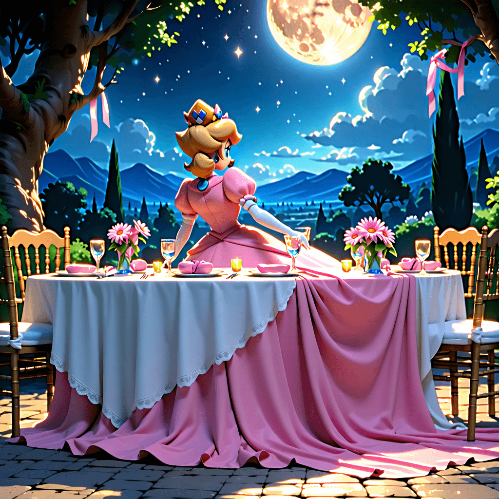 "Imagine a scene bathed in the soft light of a full moon, casting a cool, ethereal glow over an elaborately prepared outdoor banquet table set for two. Princess Peach, her signature pink dress shimmering under the moonlight, is perched on Princess Daisy's lap. Daisy, tied to her chair with satin ribbons binding her wrists behind her, is resplendent in her bright orange dress, a stark contrast against the dreamy pastels of the surroundings. Both princesses have