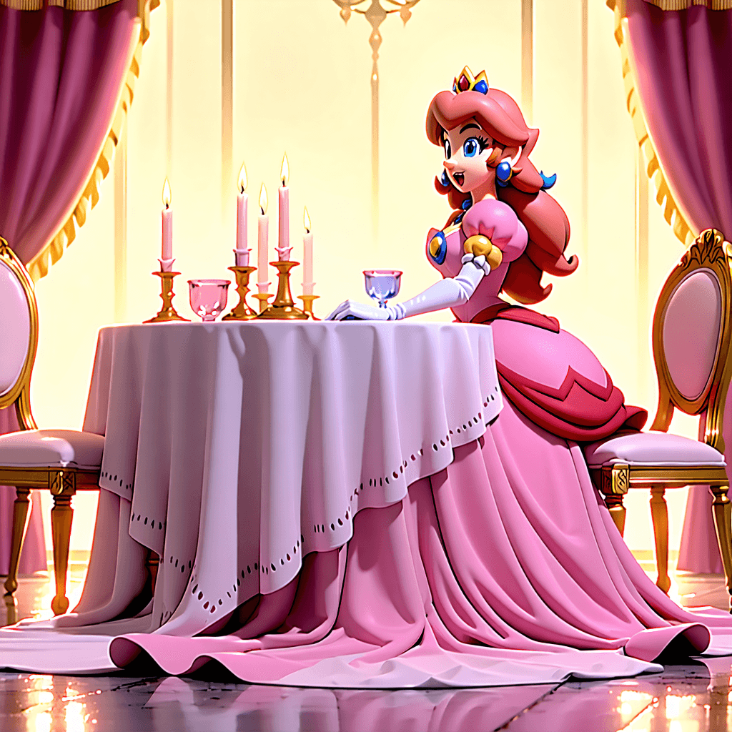 Envision a scene soaked in the soft glow of candlelight, casting a warm, ambient light across a lavishly set dining table for two, dressed in a fine tablecloth. Princess Peach, with her iconic pink gown flowing like water, sits gracefully on Princess Daisy's lap. Daisy, bound to the chair with silk ropes tying her wrists behind her back, wears her vibrant orange dress which contrasts beautifully against the soft pastels of the room. Both princesses are gagged over the nose with cloth, a symbol of their delicate situation. Their eyes, however, tell a story of complex emotions, filled with a mix of dominance, submission, and perhaps a hint of playful rebellion. The table is meticulously arranged with fancy dinnerware and silverware for two, next to elegantly rolled cloth napkins secured with ornate napkin rings. The scene's dynamic angles, focusing particularly on an over-the-shoulder shot, capture the intricate cloth textures of their gowns and the smooth silk of the drapery, highlighting the expressive gestures and dynamic poses that define their interaction. Subtle background details suggest a narrative beyond the immediate, perhaps a story of an unexpected twist in a royal dinner. The composition balances the expression of power dynamics through the bondage elements, while the candlelight glow adds a layer of dynamic lighting that enhances the textures and the overall mood of the scene.