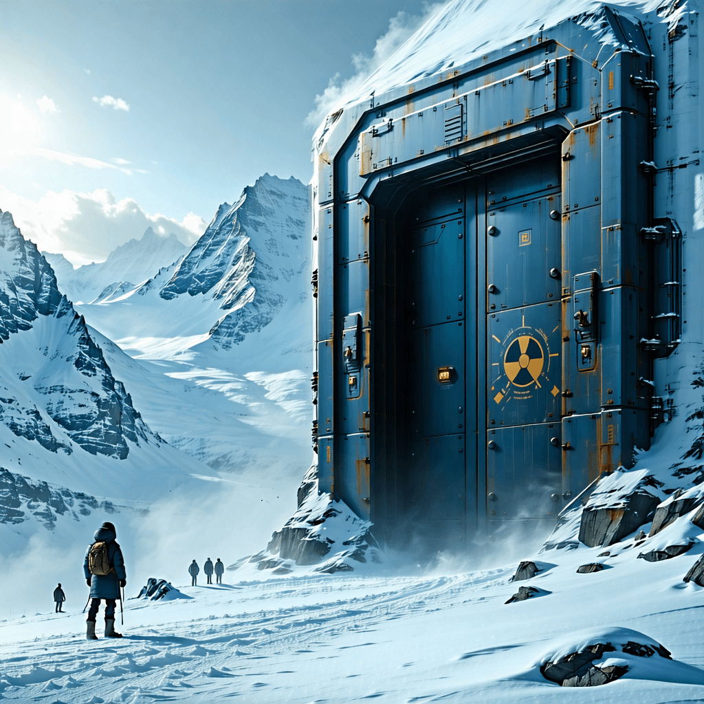 Craft a poster depicting a lone man facing a colossal, nuclear-proof door embedded in a vast snow-covered mountain. The scene is shrouded in mystery and isolation, illuminated by a dramatic chiaroscuro lighting that casts deep shadows and highlights, enhancing the contrast between the soft textures of the snow and the harsh metal surfaces. A low angle perspective amplifies the door's imposing scale, with subtle nuclear symbols etched into its design, adding a layer of ominous symbolism. Small figures in the distance and geometric shapes subtly integrated into the composition provide scale reference and visual tension. The man stands in a contemplative pose, a central figure against the monochromatic palette of whites and grays, punctuated by the stark metal door. Foreground elements add depth, while the overall mood is impactful, bold, and carries an air of professional elegance. The design cleverly plays with visual depth and tension, inviting the viewer to ponder the narrative behind the image.