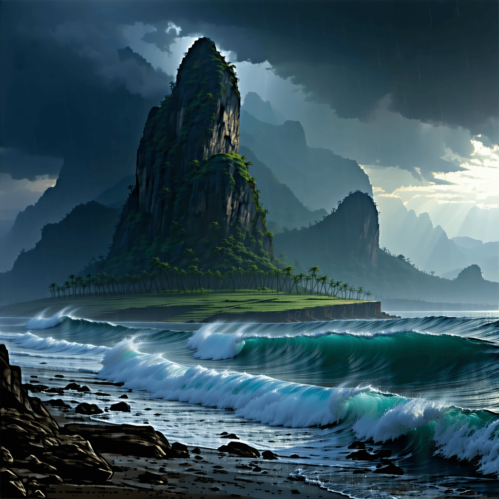 Imagine a colossal island, hidden for centuries 12 meters beneath the ocean, now dramatically unveiled by the receding waves of a massive tsunami. This landscape art captures a moment in 735 AD, enveloped in a dark, gloomy atmosphere with a heavy, rain-filled sky casting somber light over the scene. The rough, rocky terrain of the newly emerged island is visible, adorned with hints of early medieval structures peeking through. The sea, turbulent and reflecting the stormy sky above, crashes against the shore with realistic splashes and foam. The overall mood conveys awe and impending doom, heightened by the dramatic shadowing and cool, somber tones. Atmospheric haze adds depth, while the dynamic composition is energized by diagonal lines. High-resolution textures enhance the scene's realism, focusing on the architectural decay to evoke a sense of history. A solitary human figure, overwhelmed by the scale, provides a reference point amidst the chaos. Rain and mist envelop the scene, adding to the atmospheric drama, while underwater elements hint at marine life and coral formations previously hidden. The dynamic, storm-laden sky looms overhead, completing this highly detailed, photorealistic, and atmospheric portrayal.